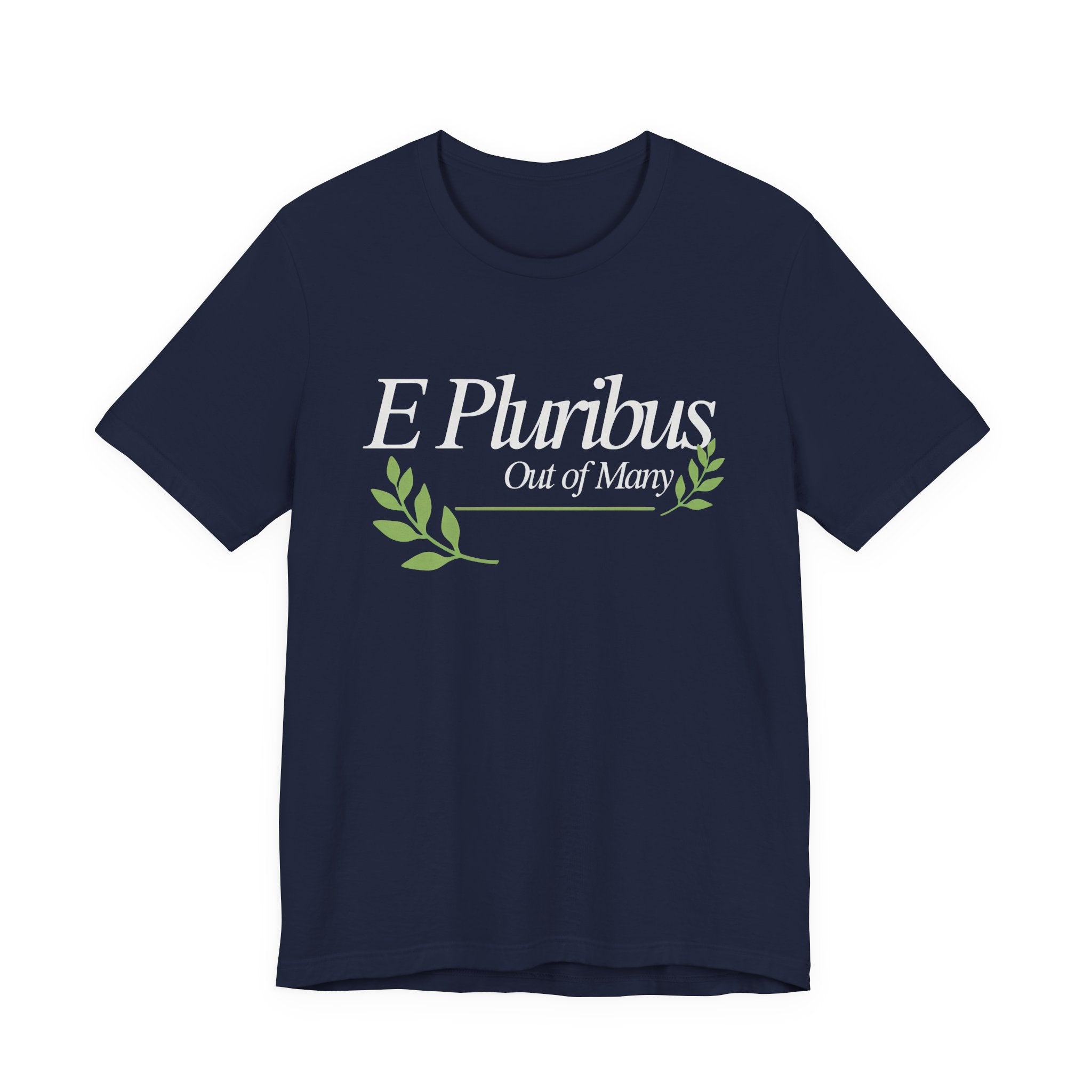 Navy blue t-shirt with 'E Pluribus Out of Many' text and green leaves