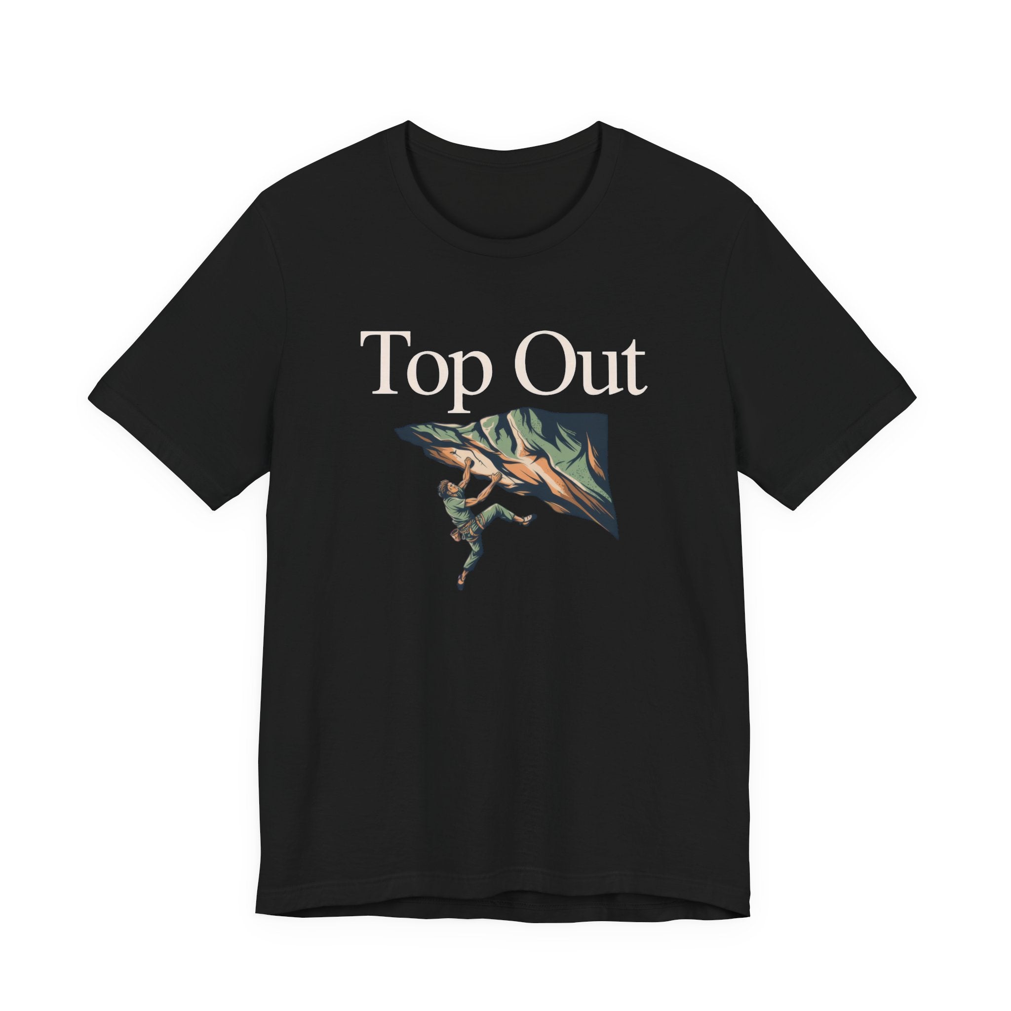 Black t-shirt with 'Top Out' text and climbing graphic on a white background