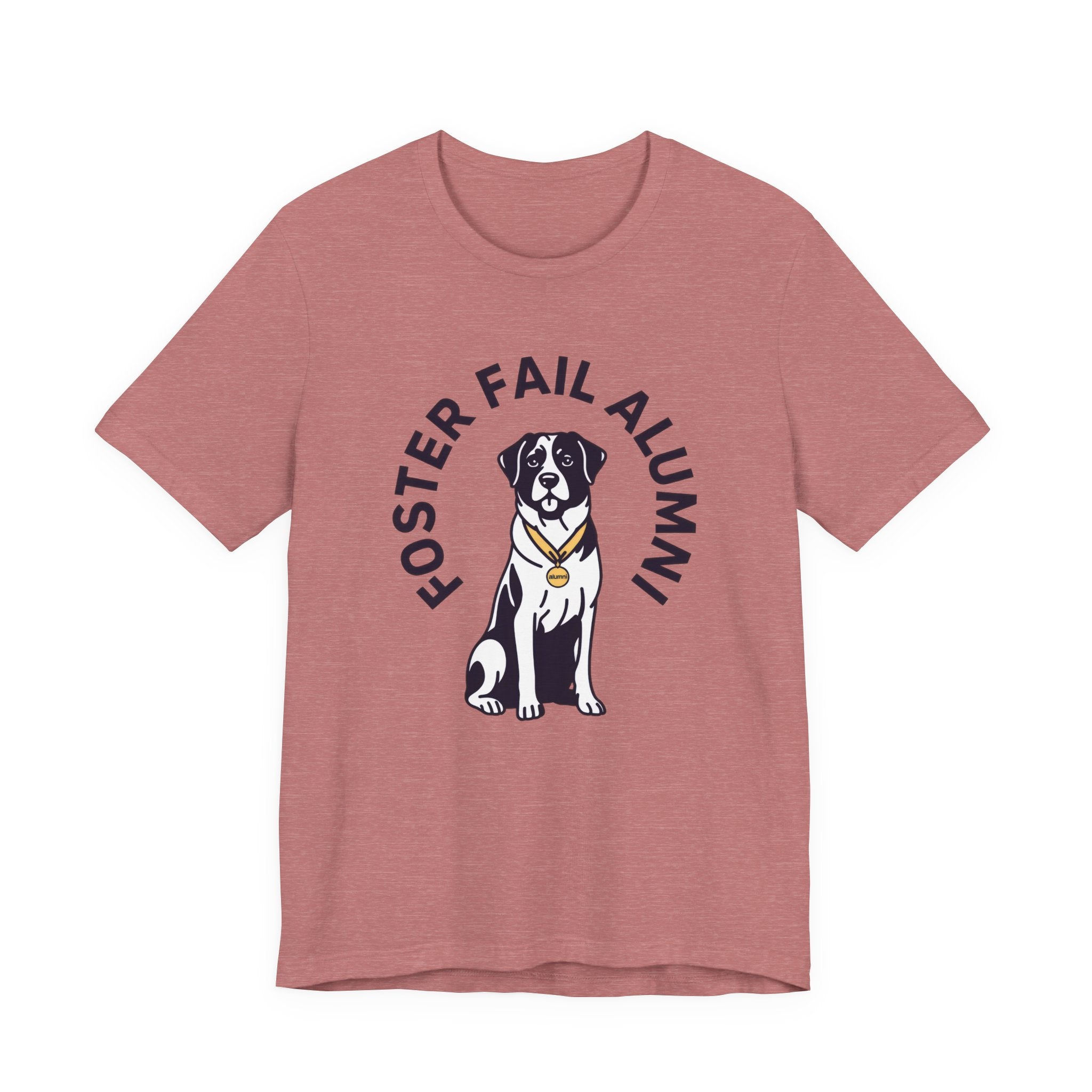 Pink t-shirt with a dog graphic and text 'Foster Fail Alumni' on a white background