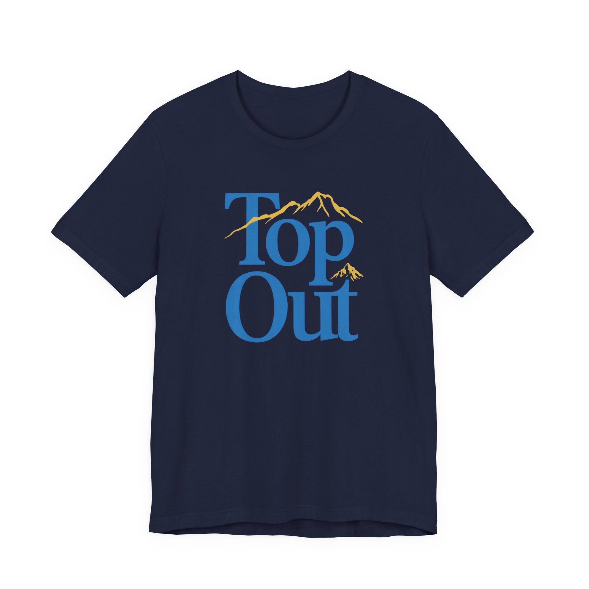 Navy blue t-shirt with 'Top Out' graphic design on a white background