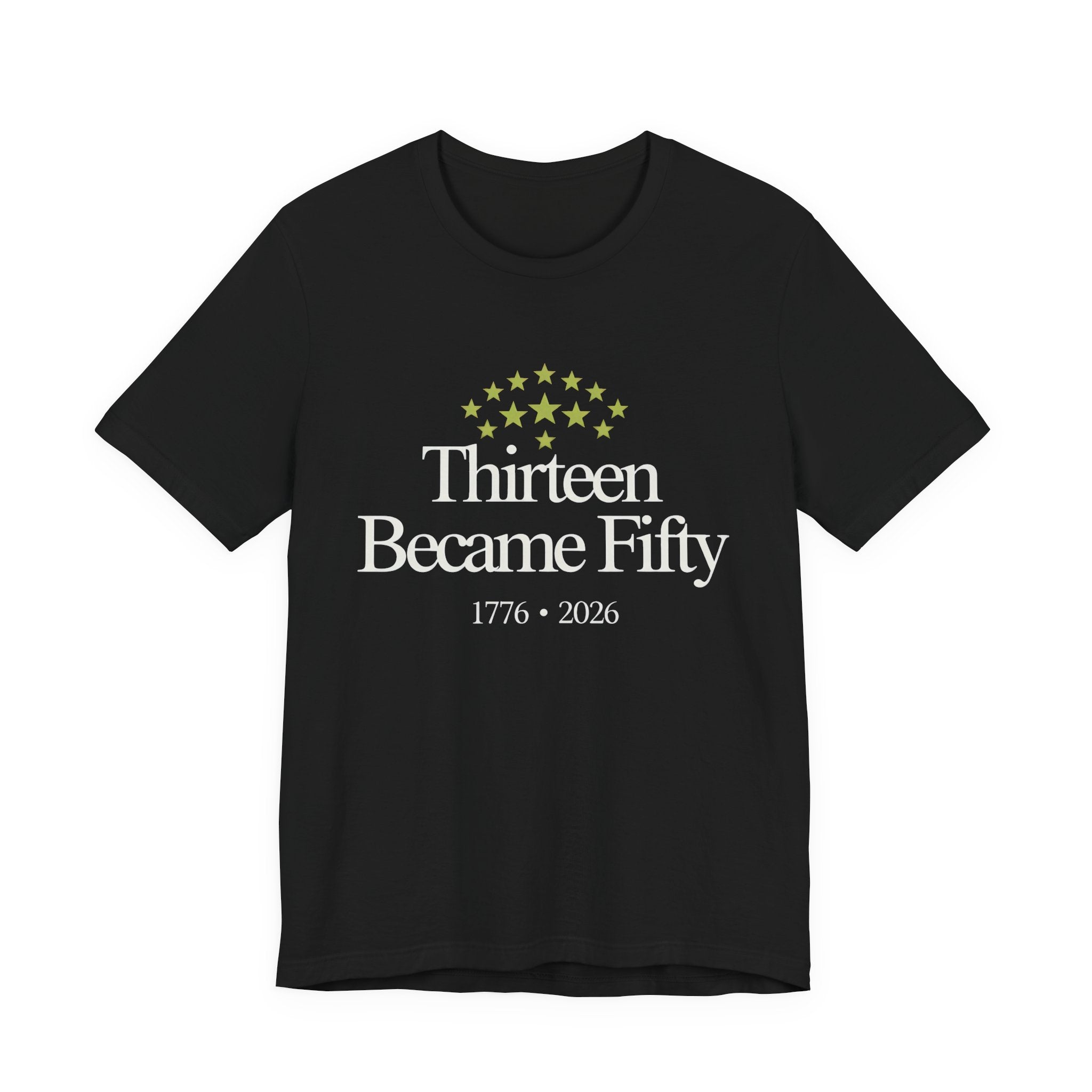 Black t-shirt with 'Thirteen Became Fifty' text and star design