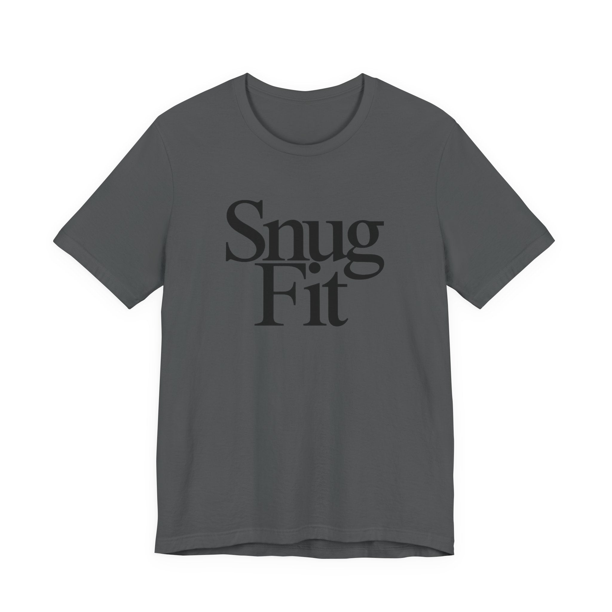 Gray t-shirt with 'Snug Fit' text on a white background