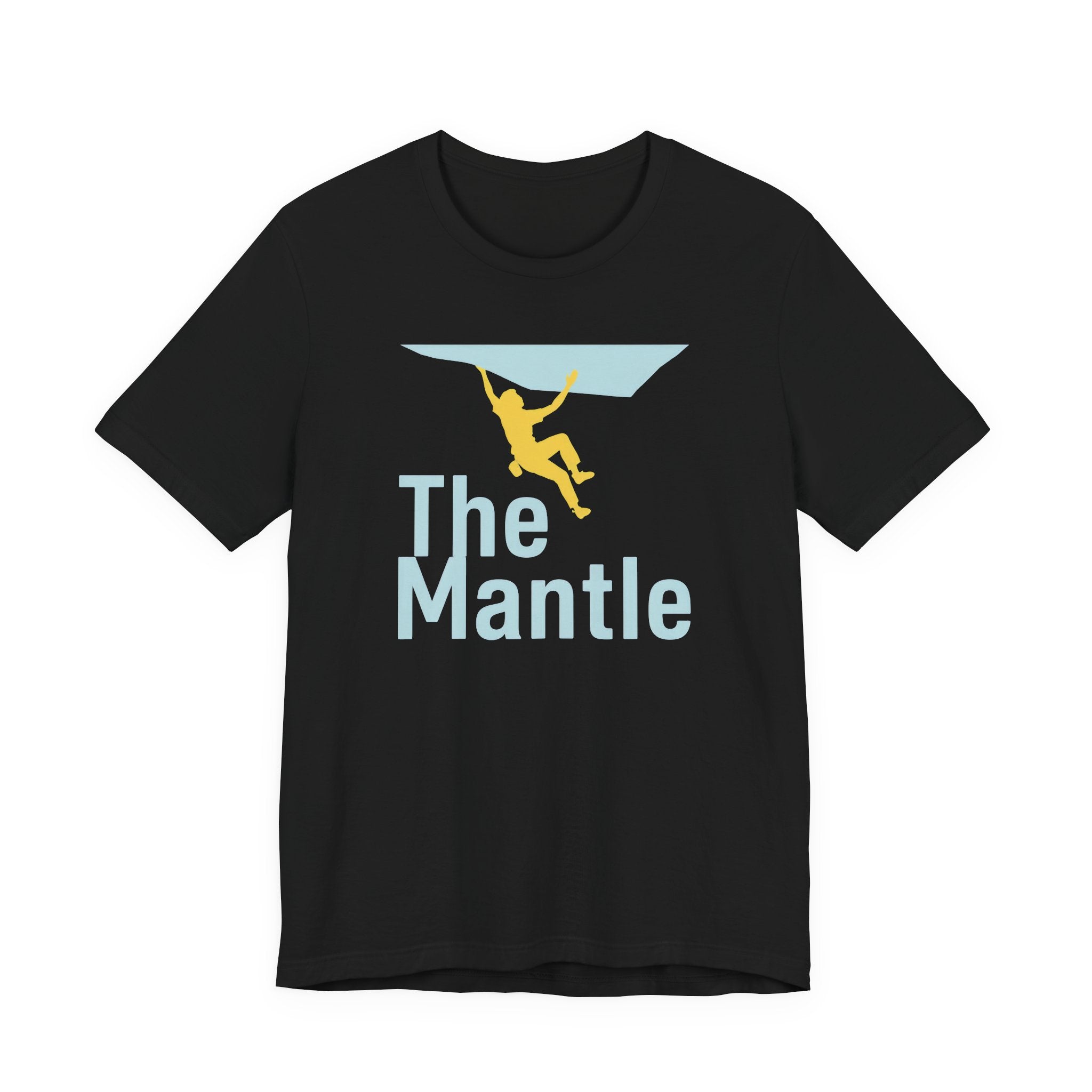 Black t-shirt with 'The Mantle' graphic design on a white background