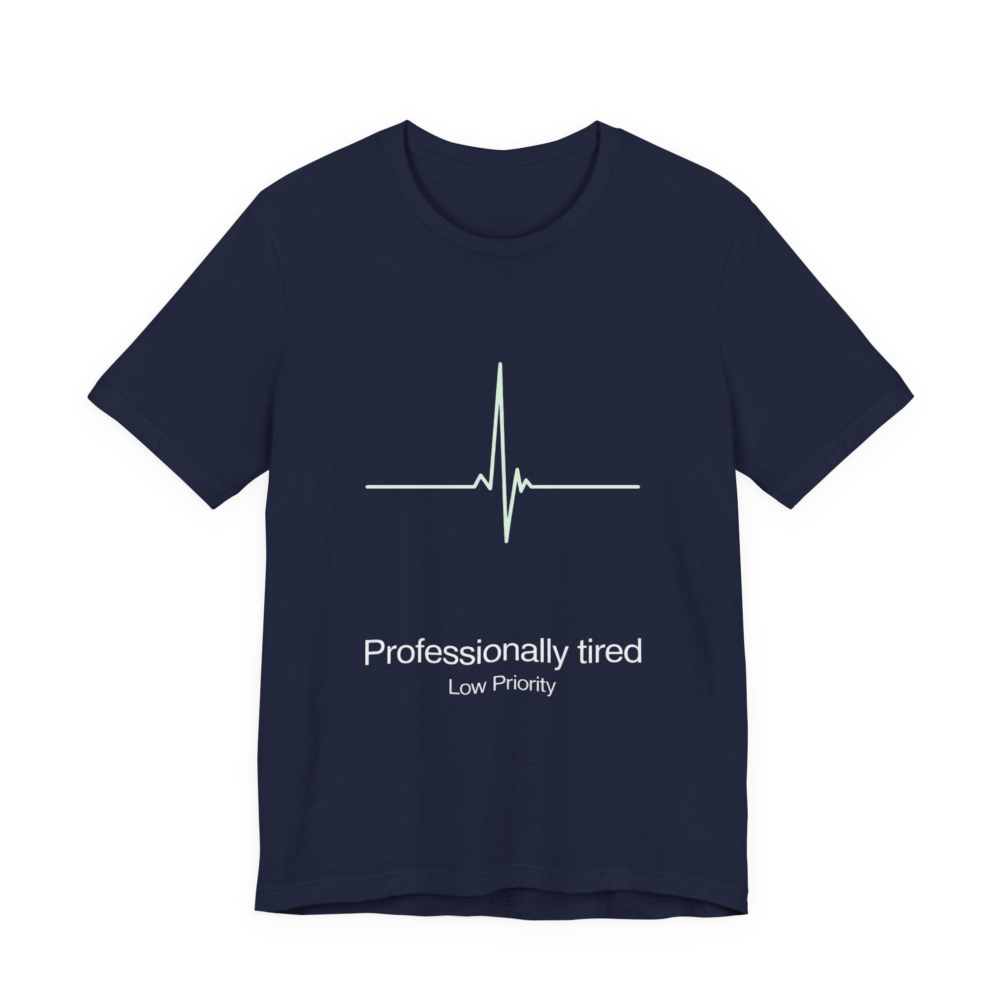 Navy t-shirt with white 'Professionally tired' text and graphics on a white background