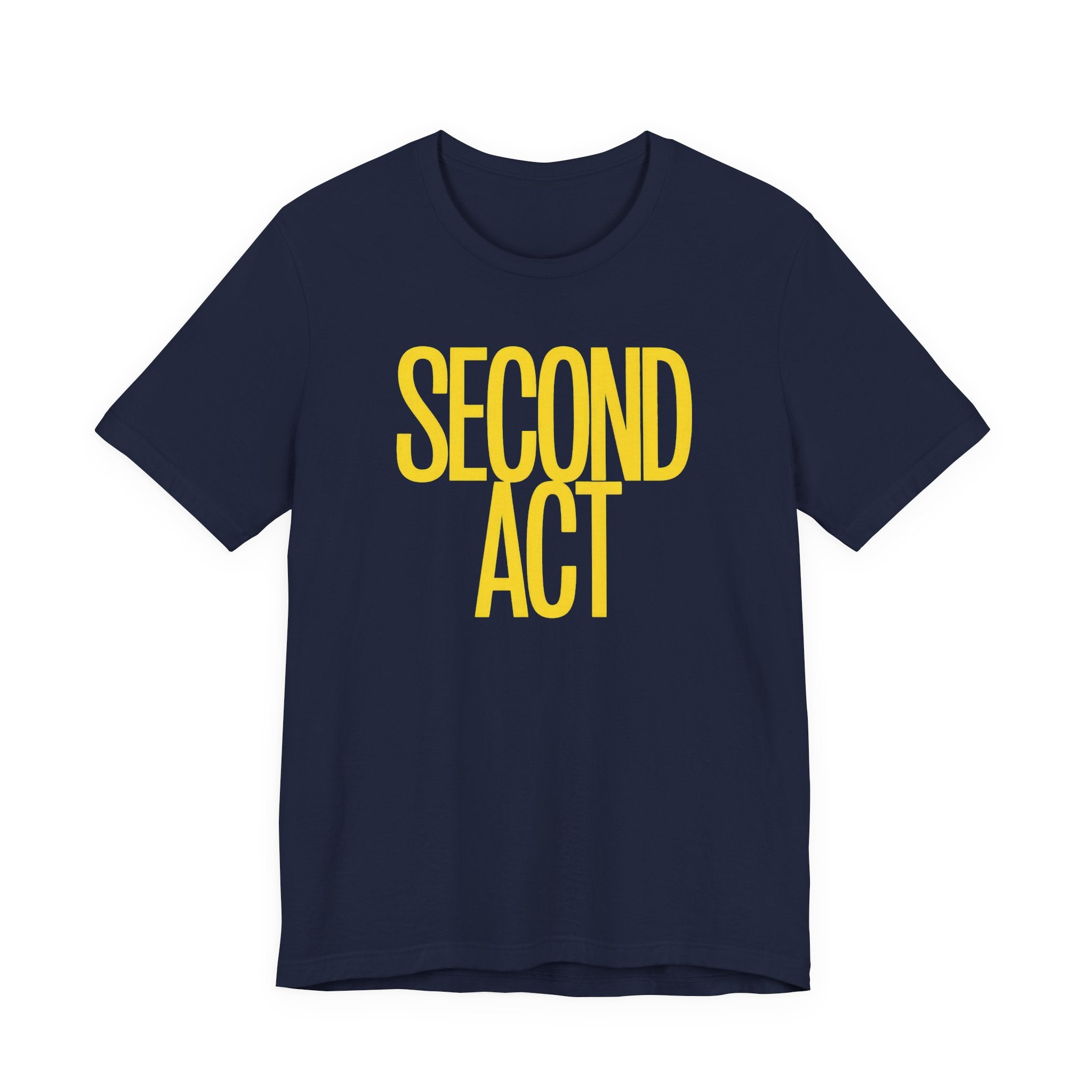 Navy t-shirt with 'SECOND ACT' in yellow on a white background