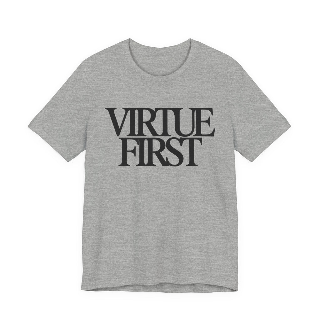 Gray t-shirt with 'Virtue First' text on a white background