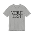 Gray t-shirt with 'Virtue First' text on a white background