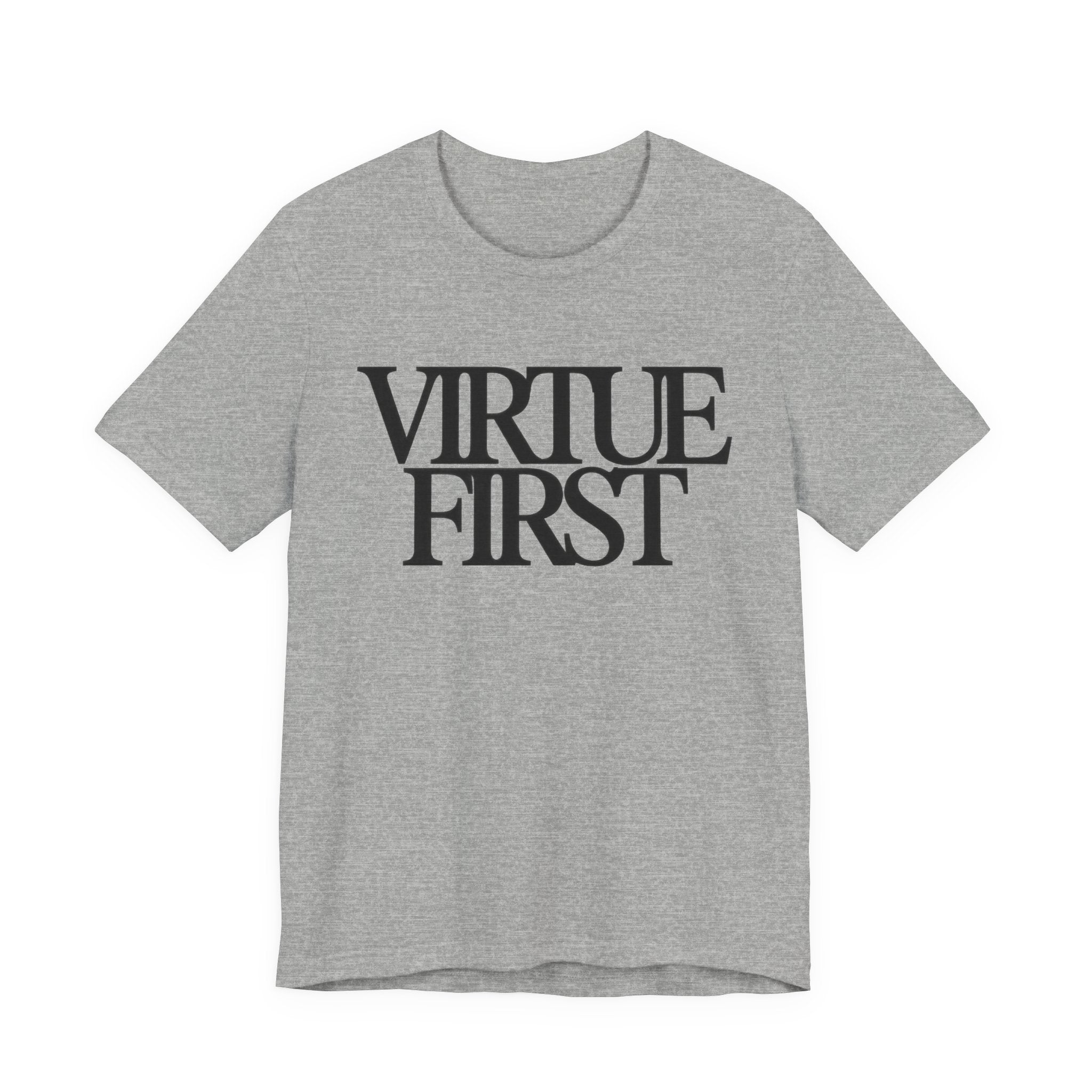 Gray t-shirt with 'Virtue First' text on a white background