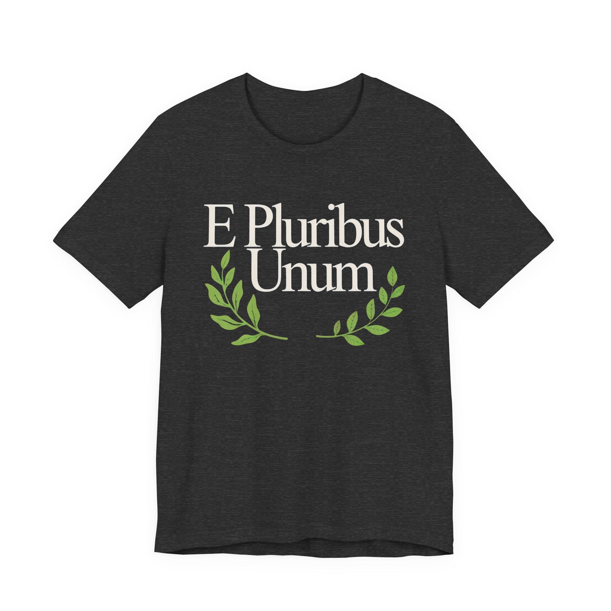 Black t-shirt with 'E Pluribus Unum' text and green laurel wreath 