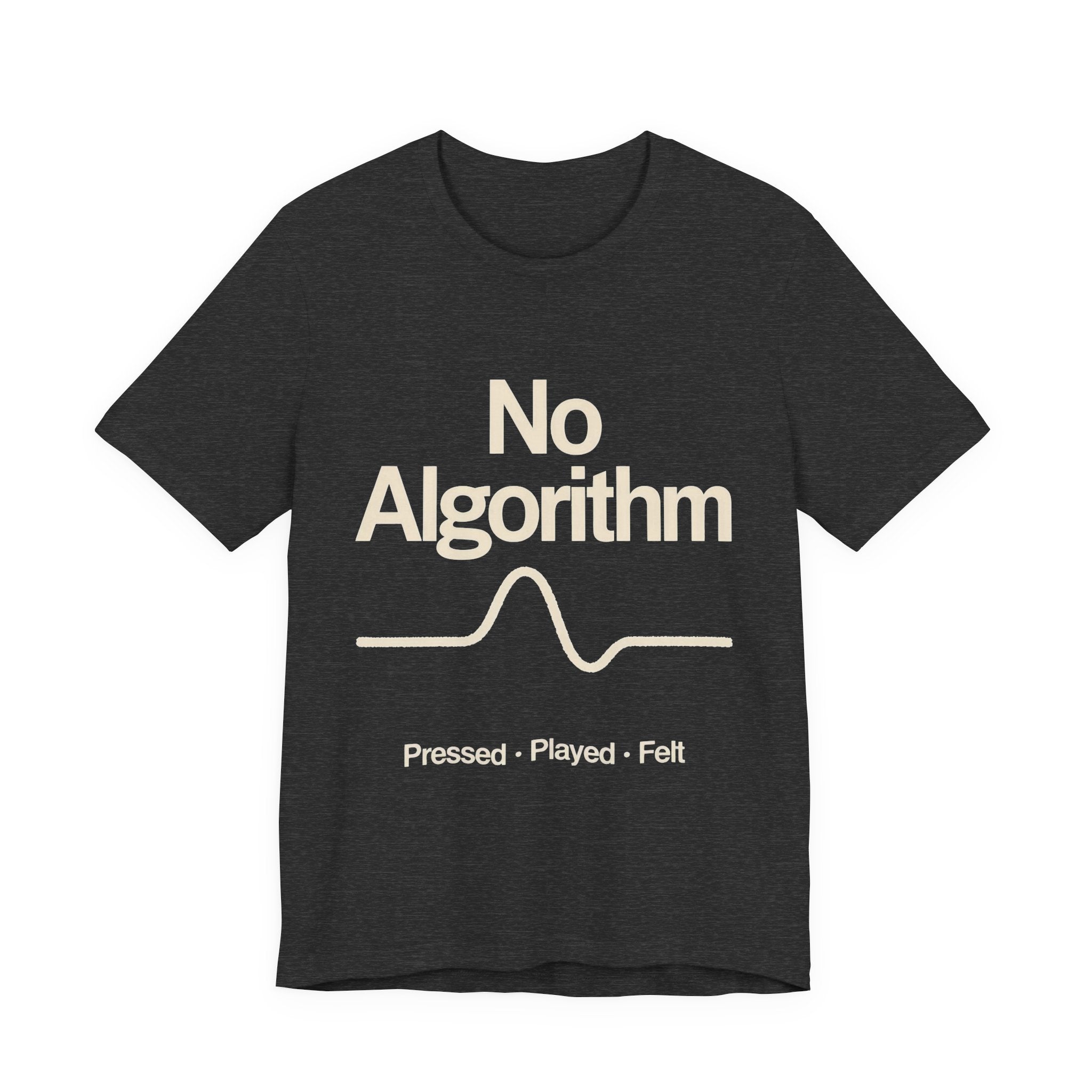 Dark Gray t-shirt with 'No Algorithm' text design on a white background