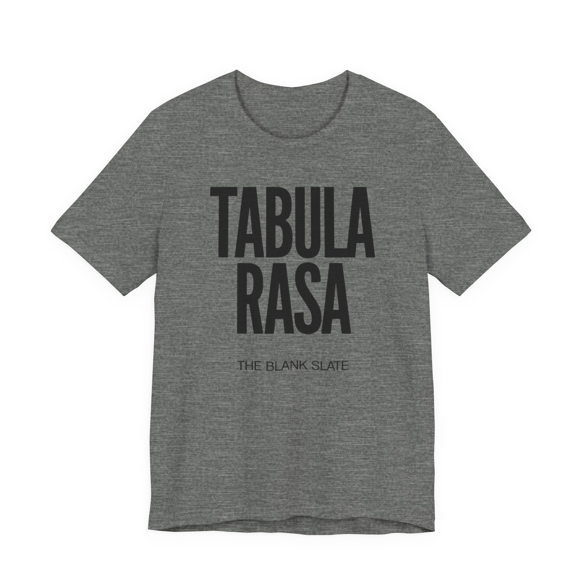 Gray t-shirt with 'TABULA RASA' text on a white background