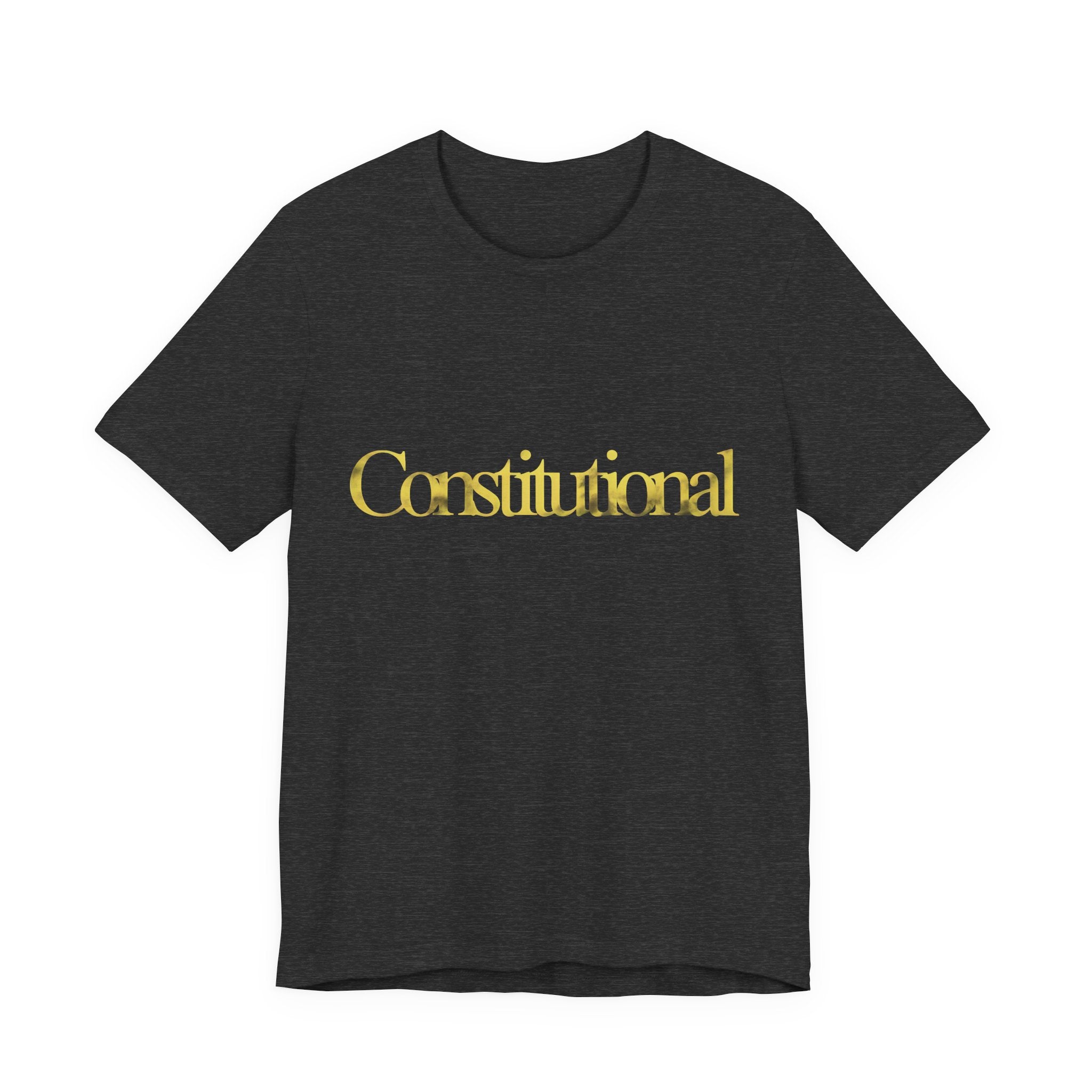 Dark grey t-shirt with 'Constitutional' in gold on a white background