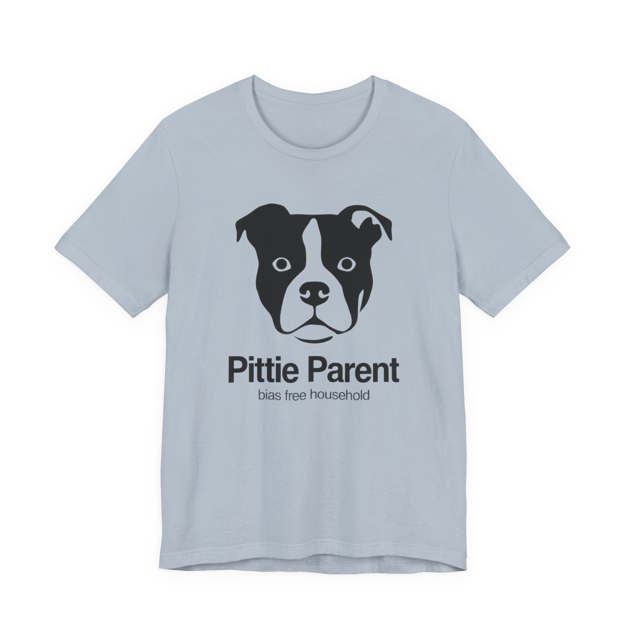 Light blue t-shirt with a black dog illustration and text 'Pittie Parent bias free household' text on a white background