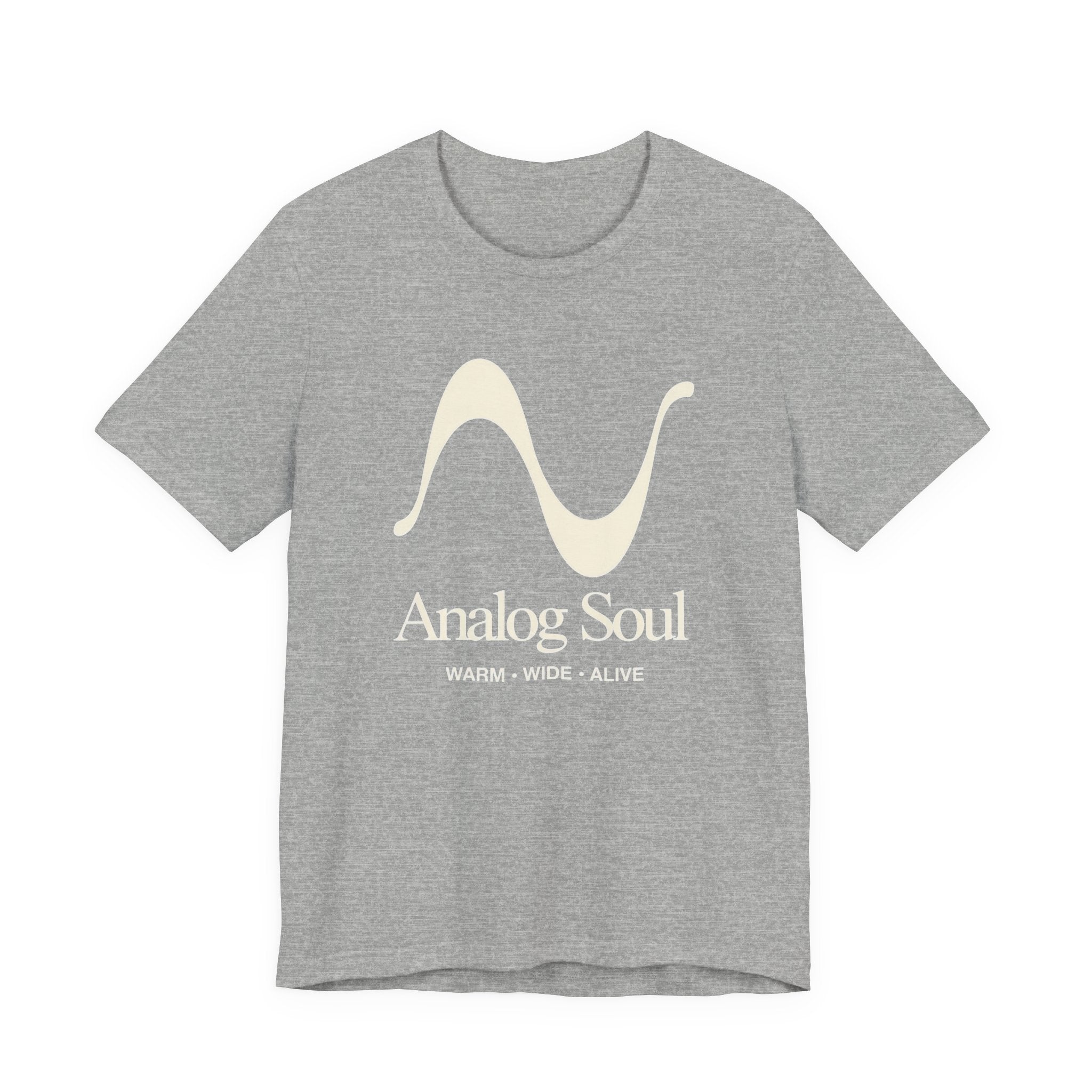 Gray t-shirt with 'Analog Soul' design on a white background