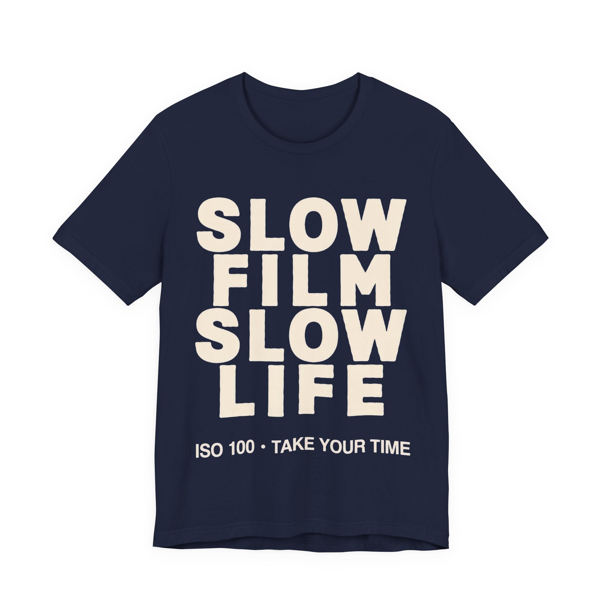 Navy blue t-shirt with 'Slow Film Slow Life' text on a white background