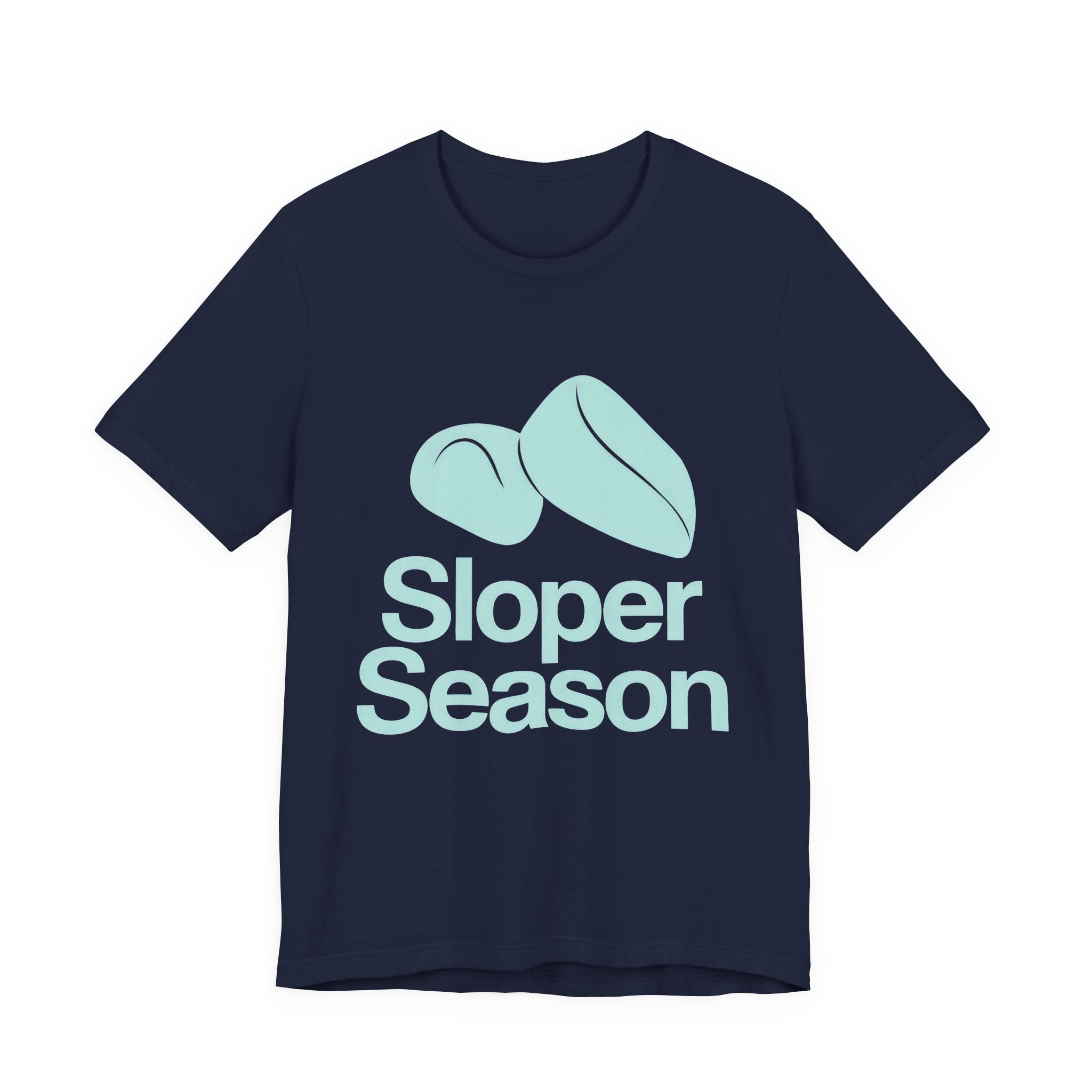 Navy t-shirt with 'Sloper Season' text and graphic on a white background