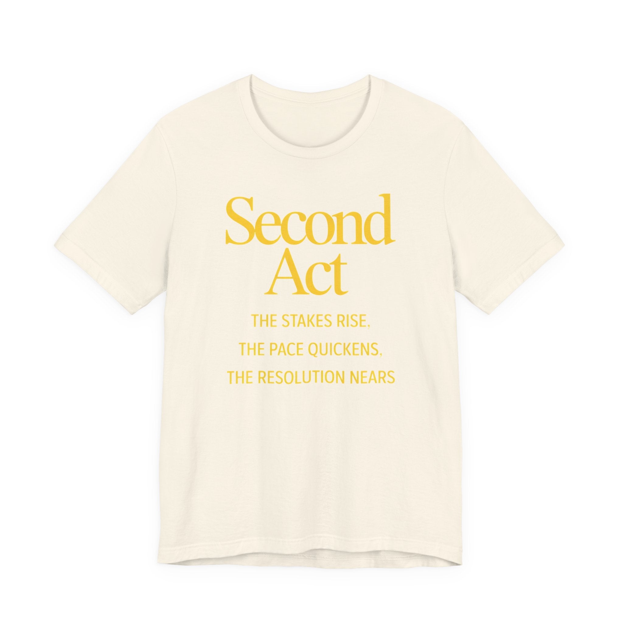 Beige t-shirt with 'SECOND ACT' text on a white background