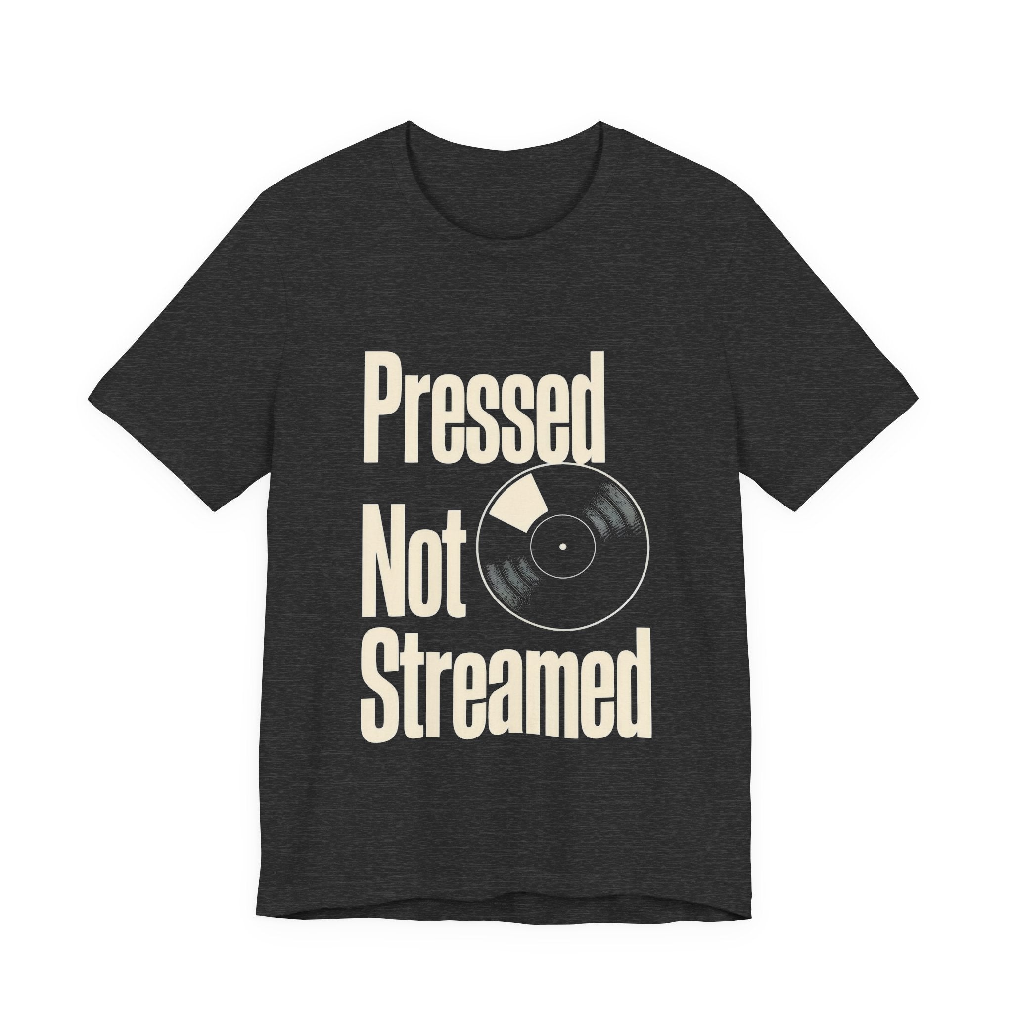 Dark gray t-shirt with a graphic of a person holding a skateboard on a white background