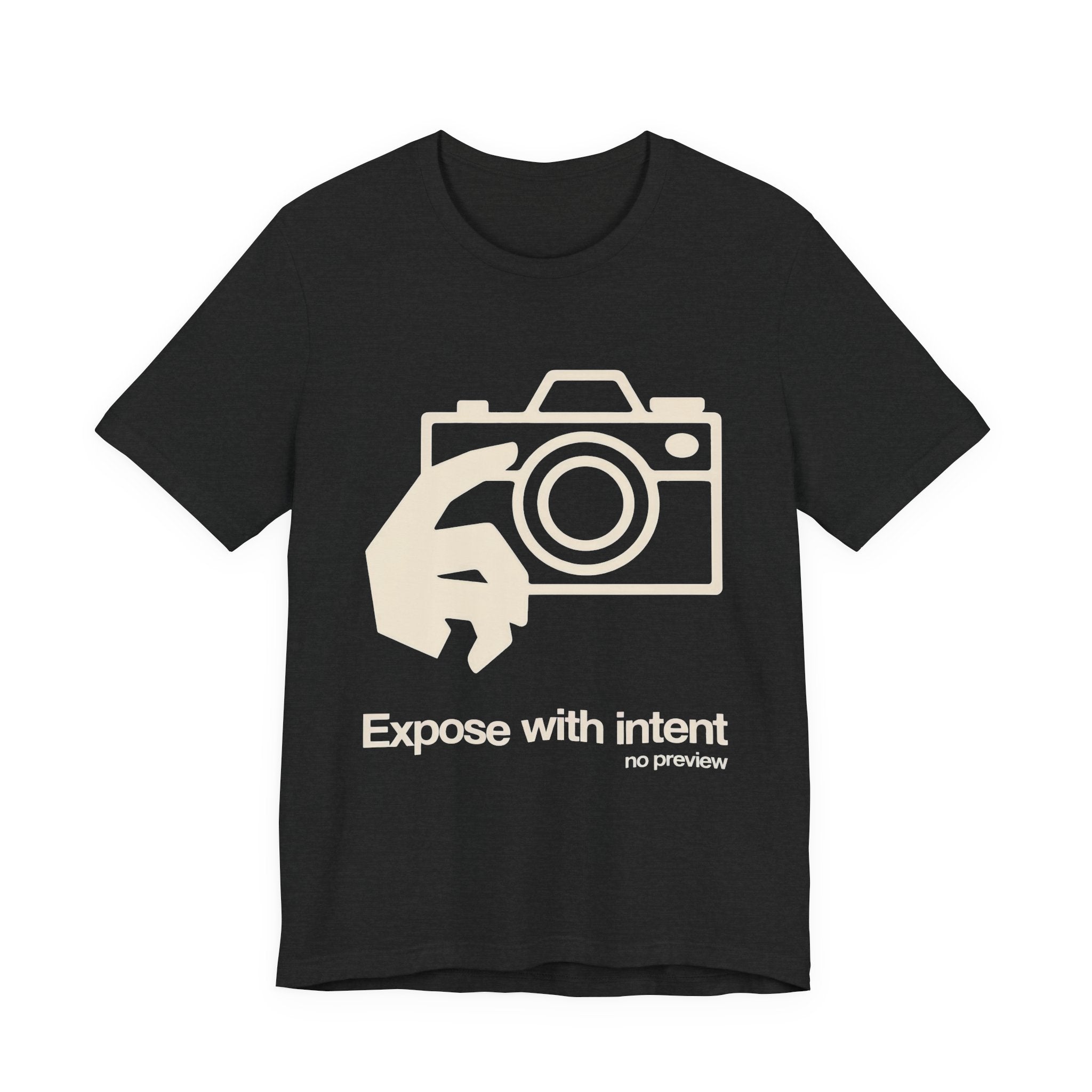 Black t-shirt with graphic design and 'Expose With Intent' text on a white background