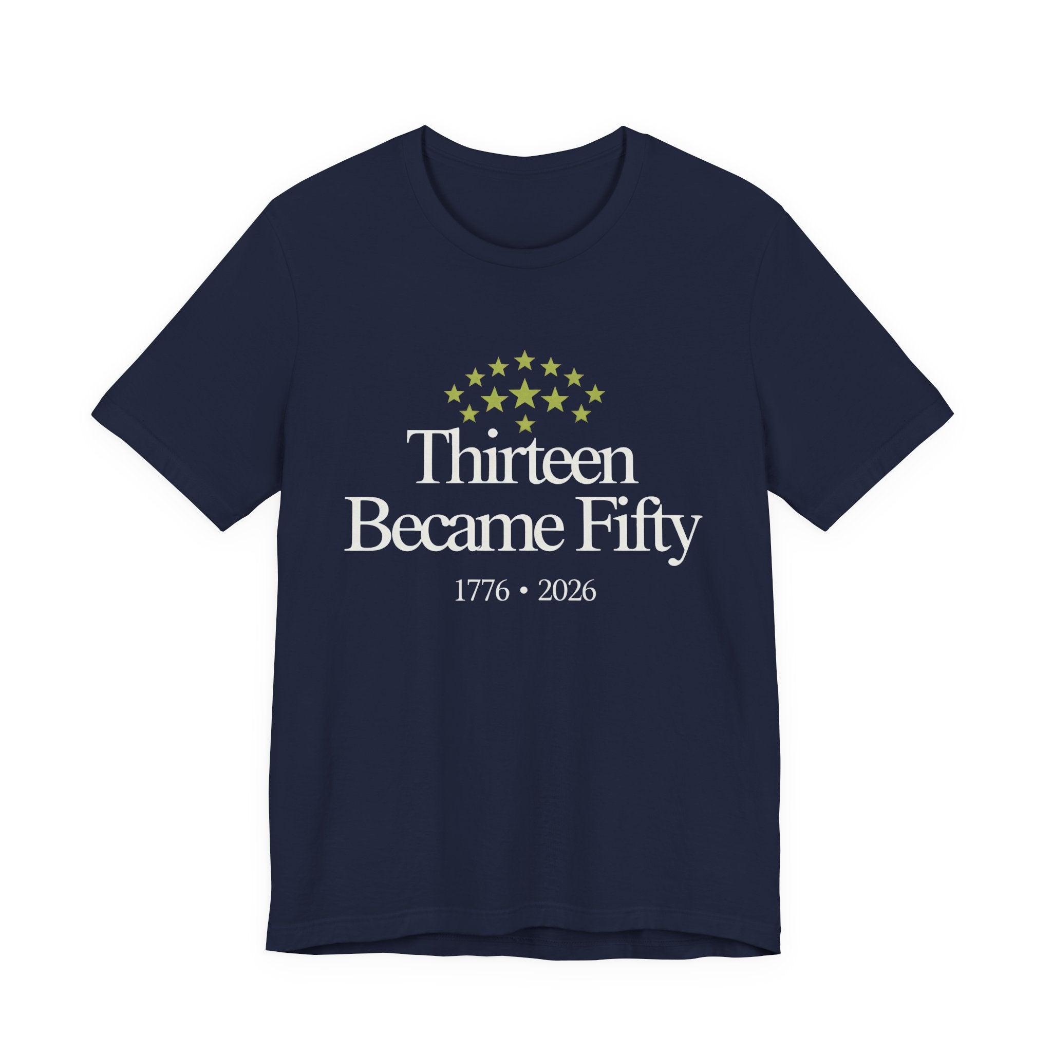 Navy t-shirt with 'Thirteen Became Fifty' text and star design