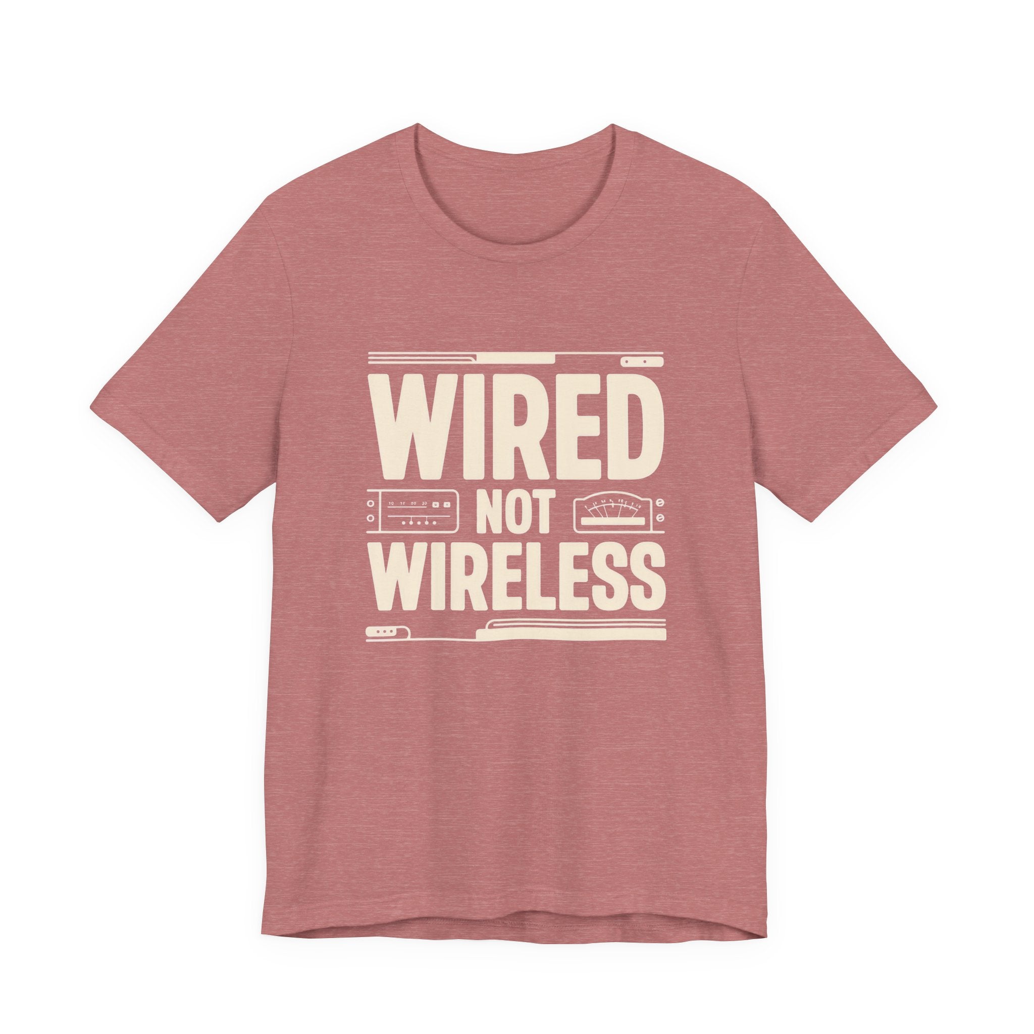 Red t-shirt with 'WIRED NOT WIRELESS' text on a white background