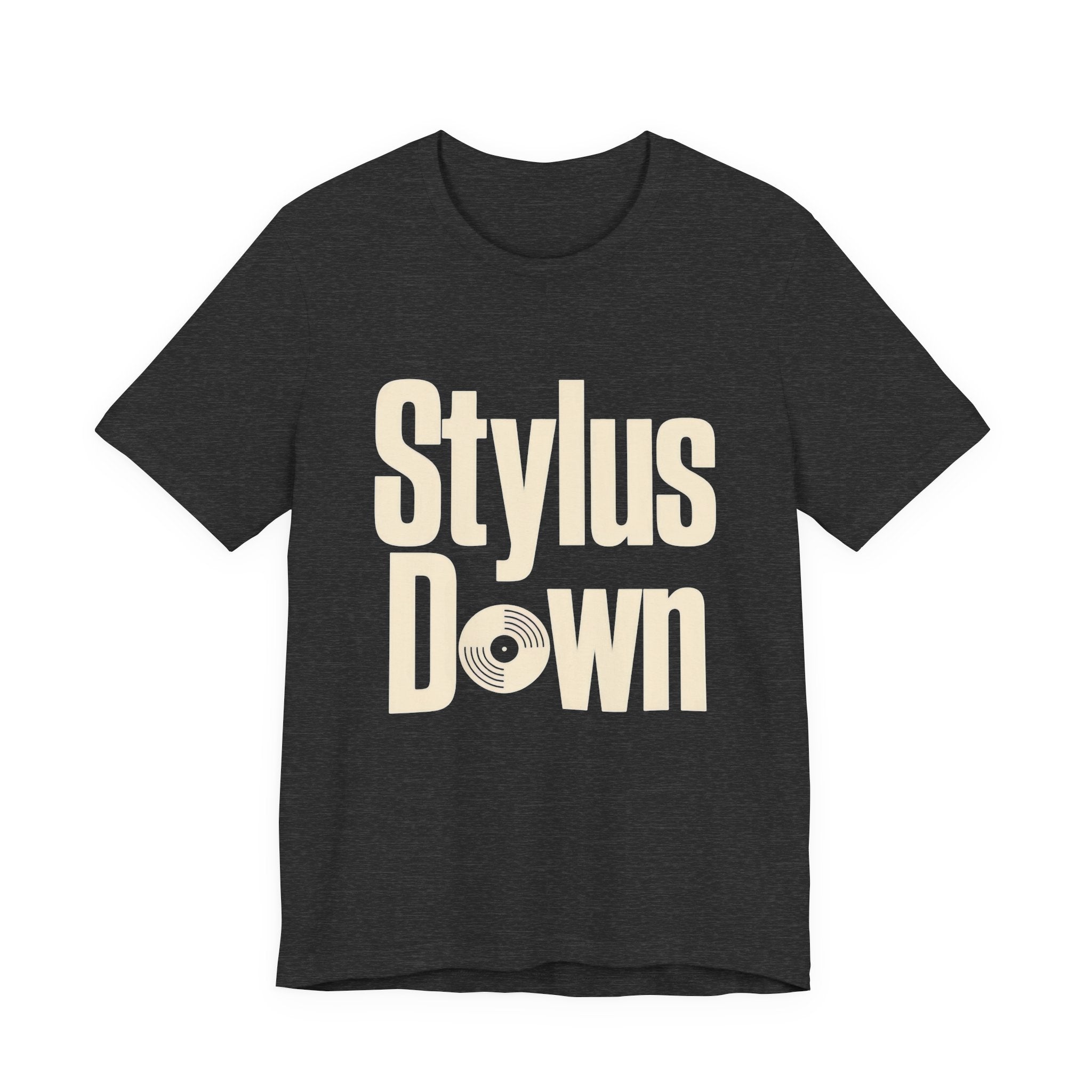 Dark gray t-shirt with 'Stylus Down' text on a white background