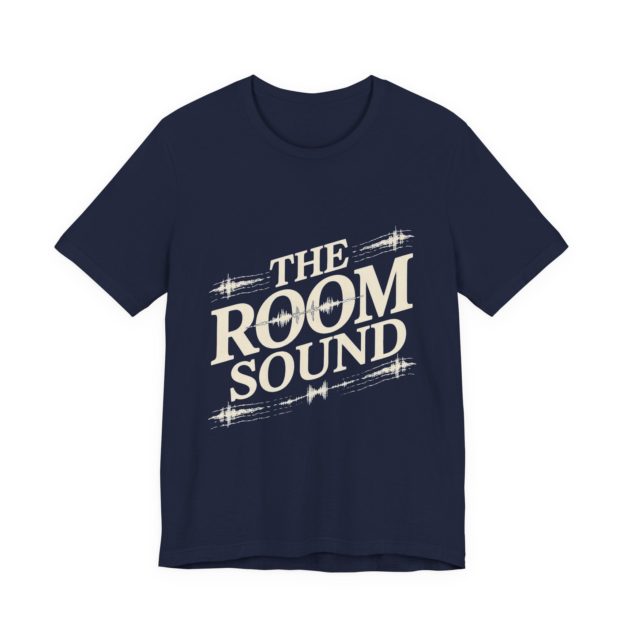Navy t-shirt with 'The Room Sound' text design on a white background