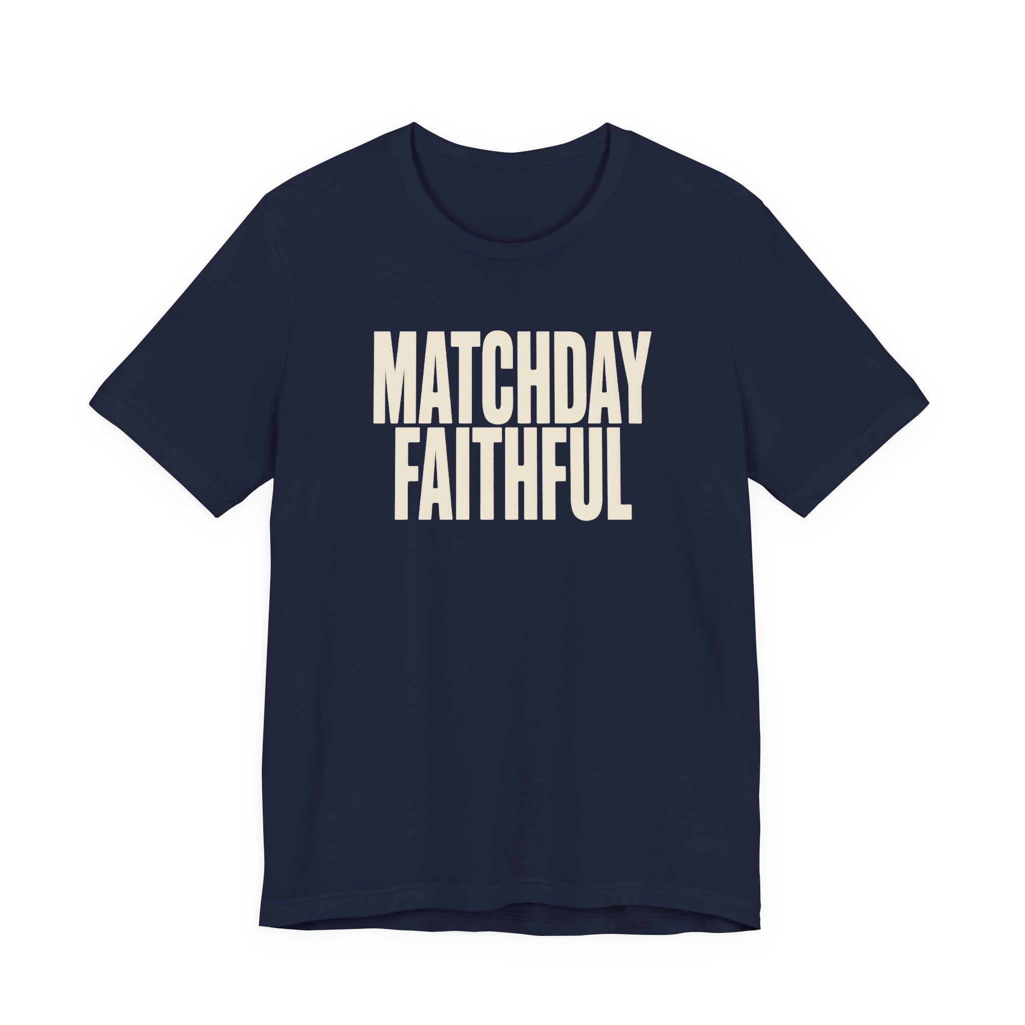Navy t-shirt with 'MATCHDAY FAITHFUL' text on a white 