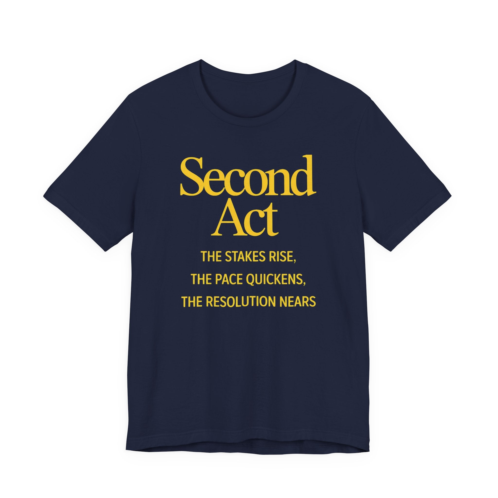 Navy t-shirt with 'SECOND ACT' text on a white background