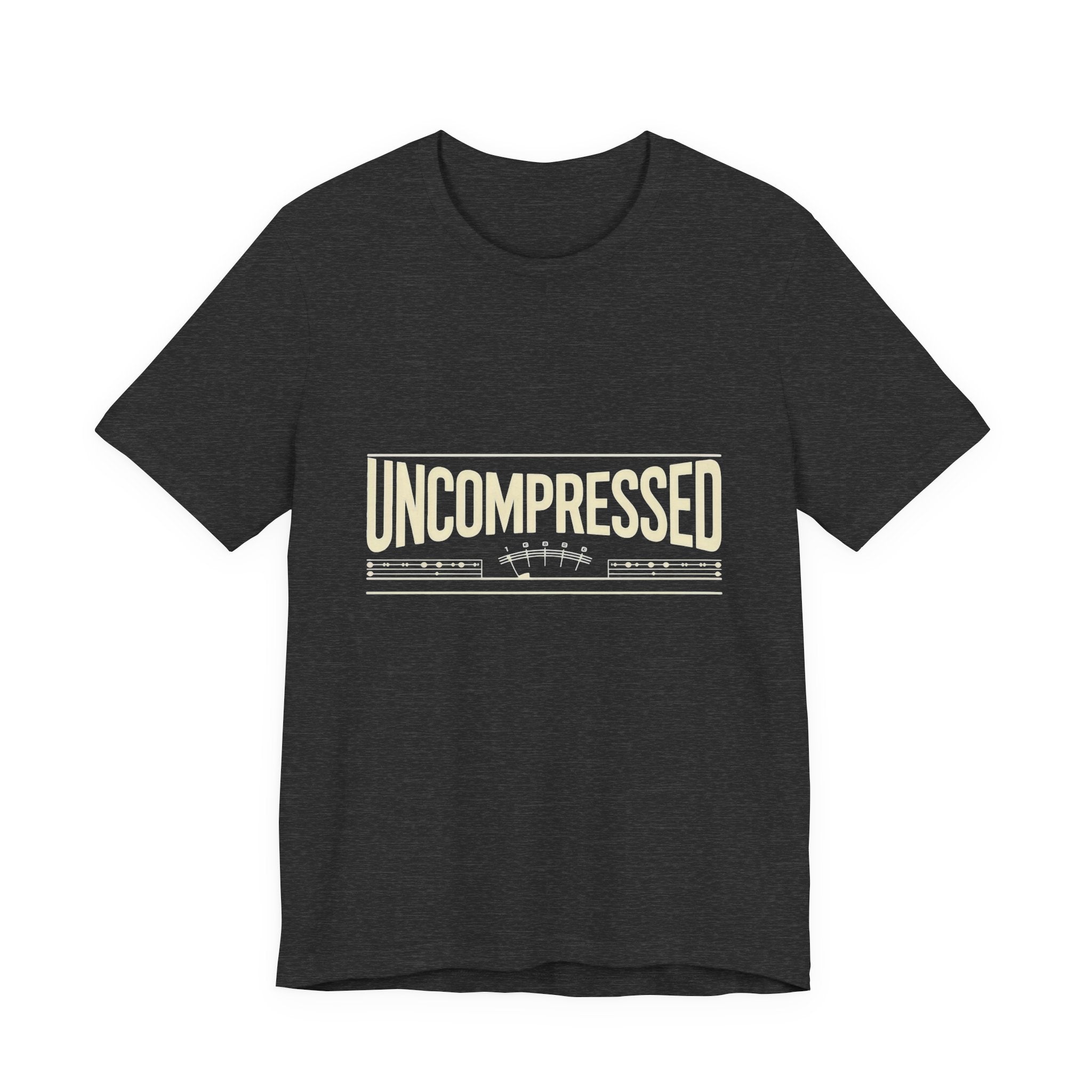 Dark gray t-shirt with graphic design on a white background