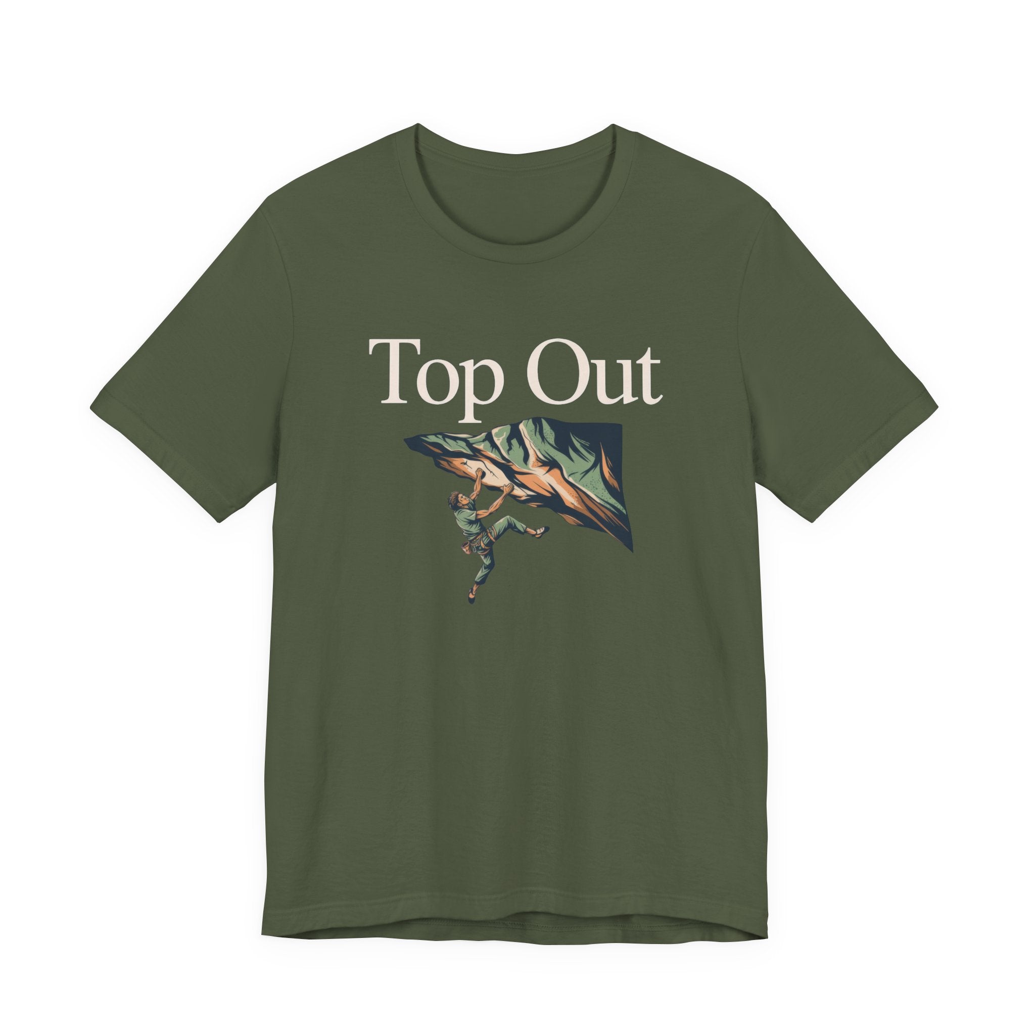 Green t-shirt with 'Top Out' text and climbing graphic on a white background