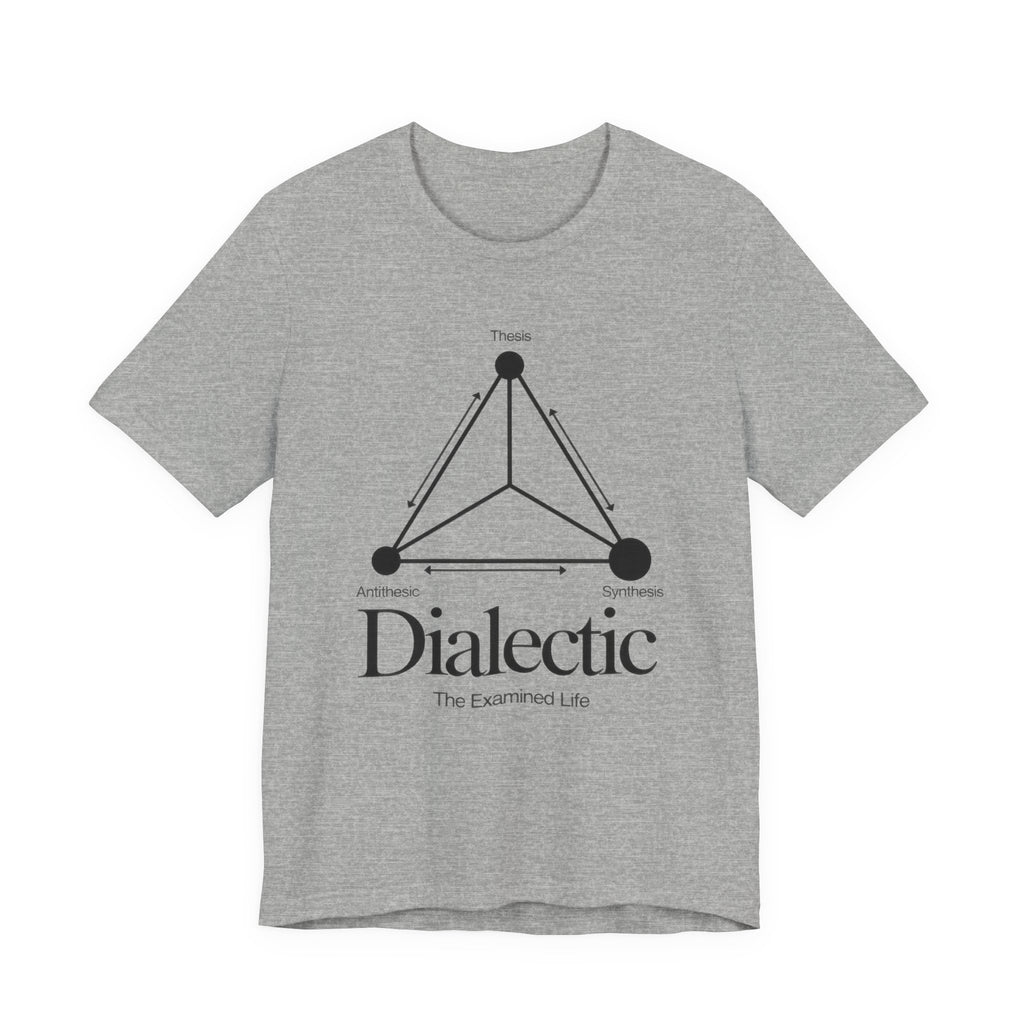 Gray t-shirt with black graphic and 'Dialectic' text on a white background