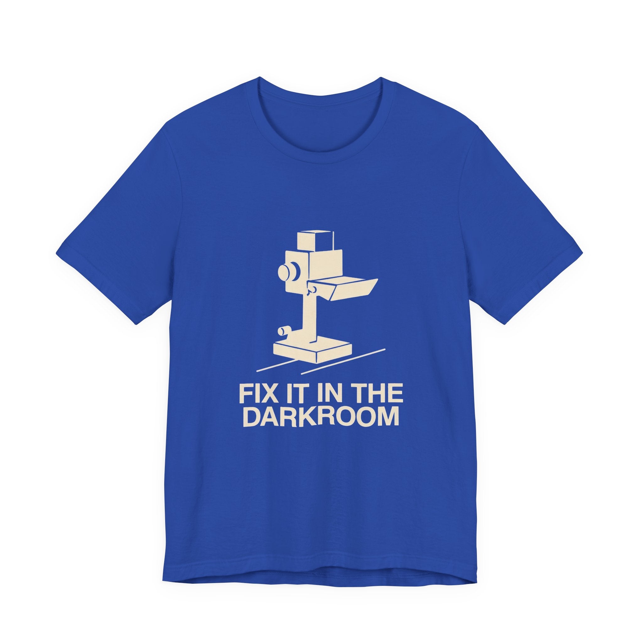 Blue t-shirt with a white graphic and text 'Fix It in the Darkroom' on a white background