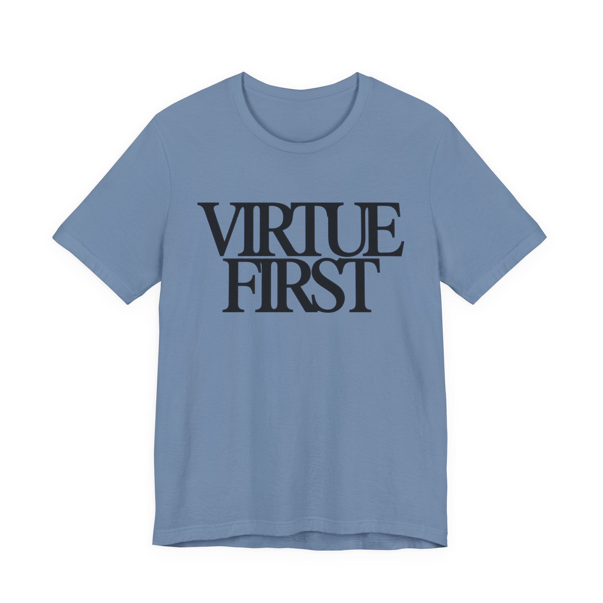 Blue t-shirt with 'Virtue First' text on a white background