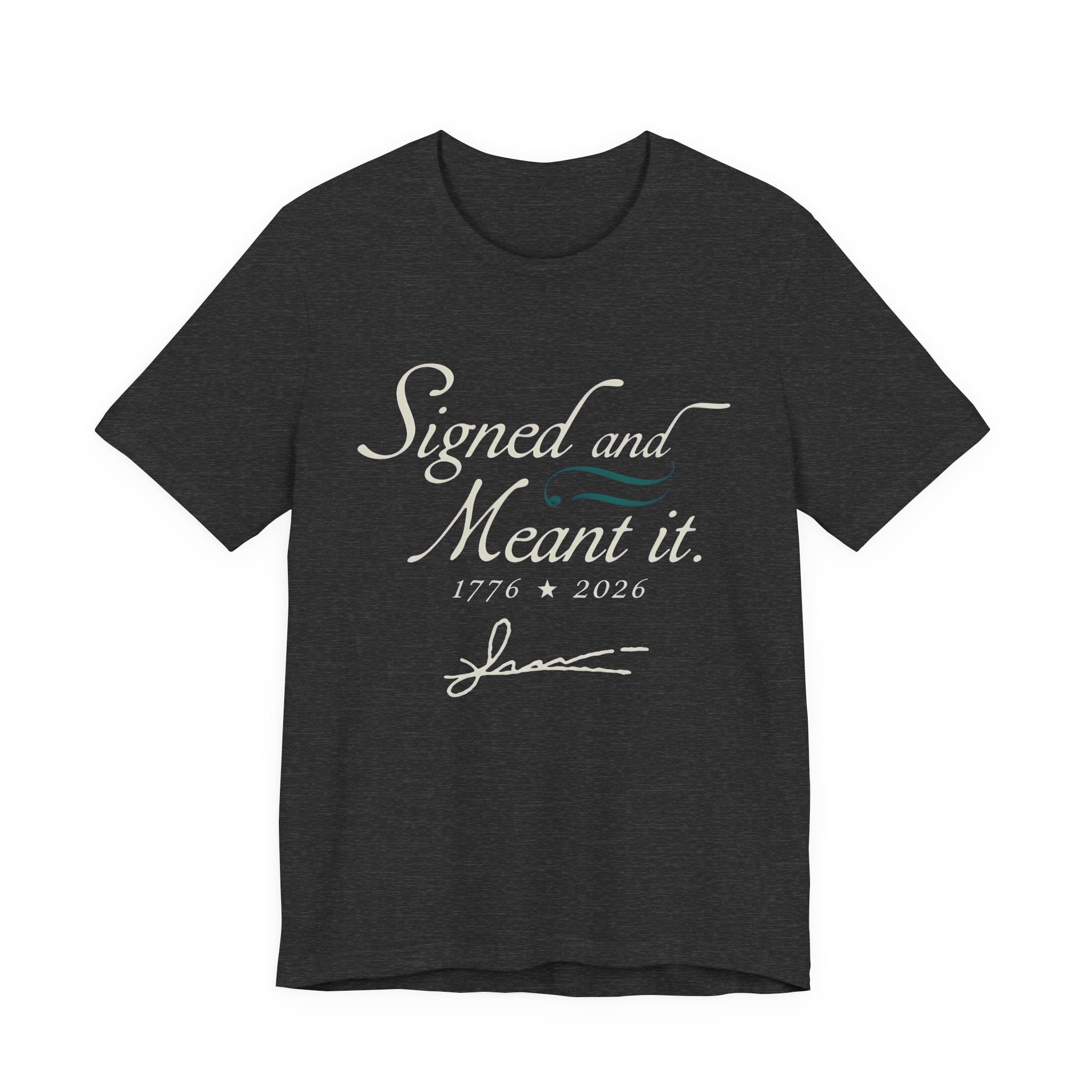 Black t-shirt with white text and design on a white background