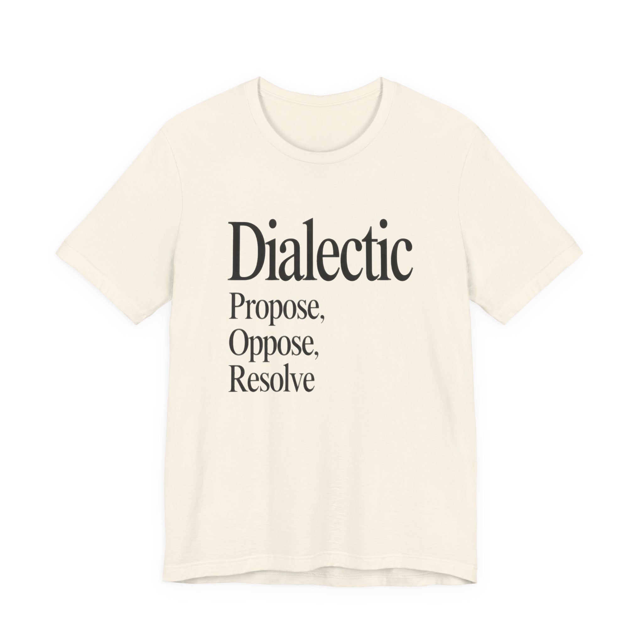 Beige t-shirt with black 'Dialectic' text on a white background
