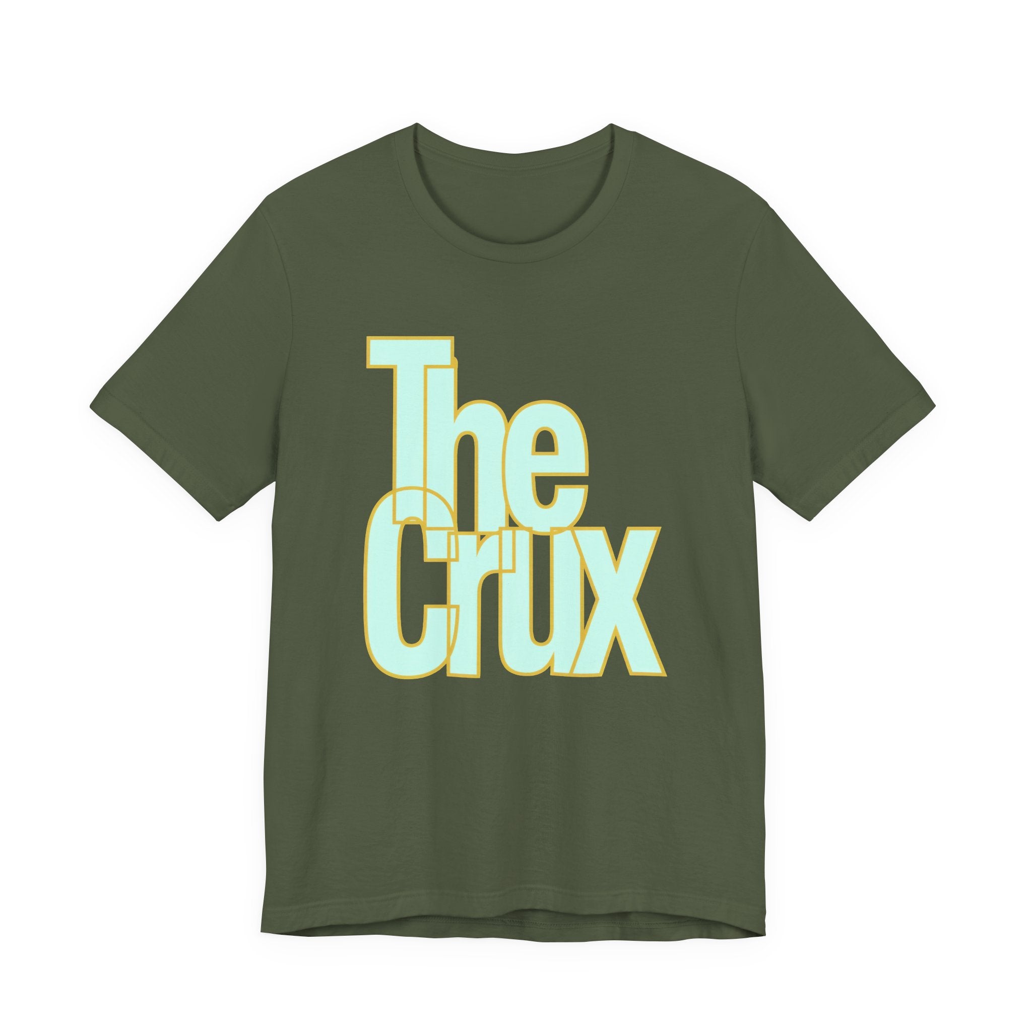 Green t-shirt with 'The Crux' text on a white background