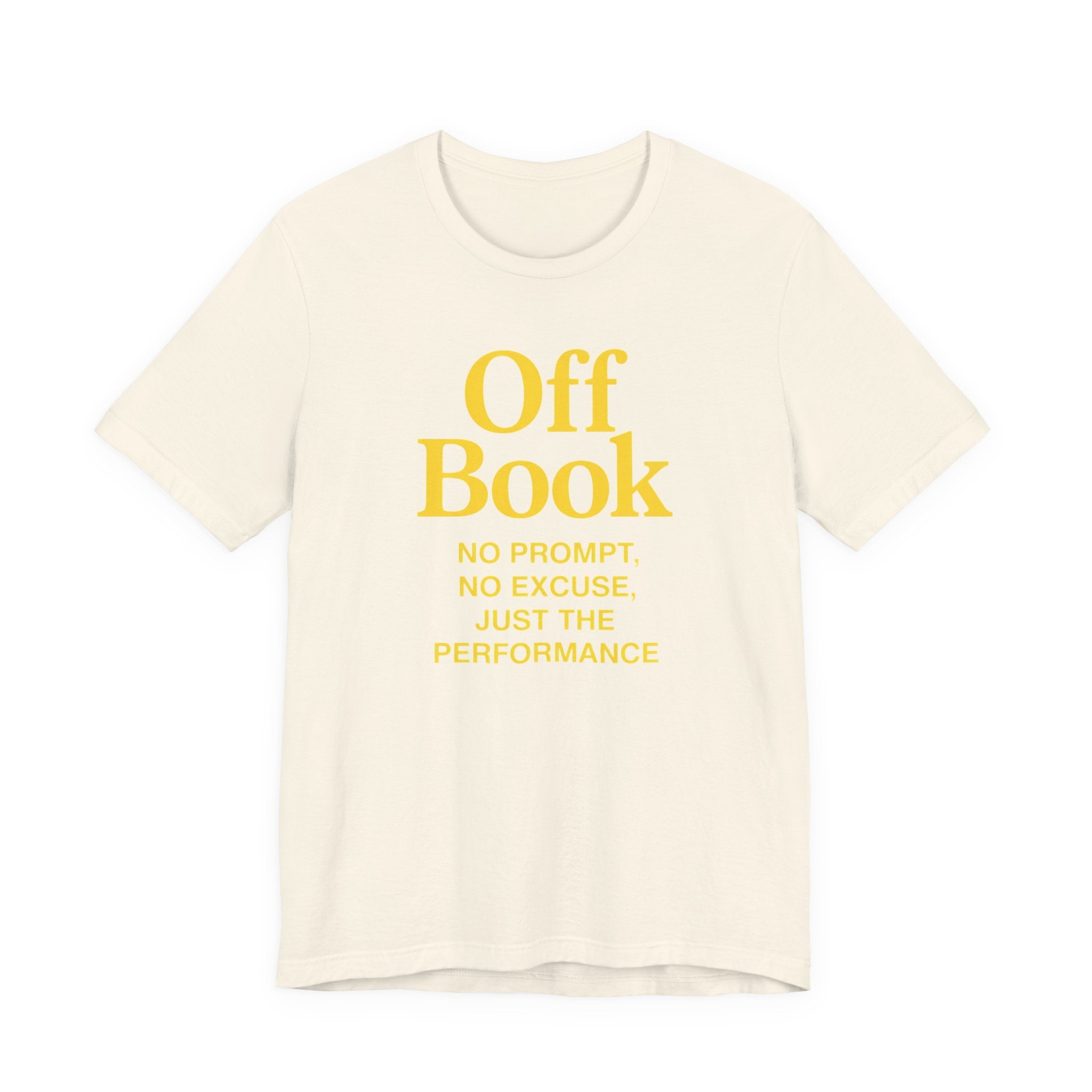 Beige t-shirt with yellow text 'Off Book' on a white background