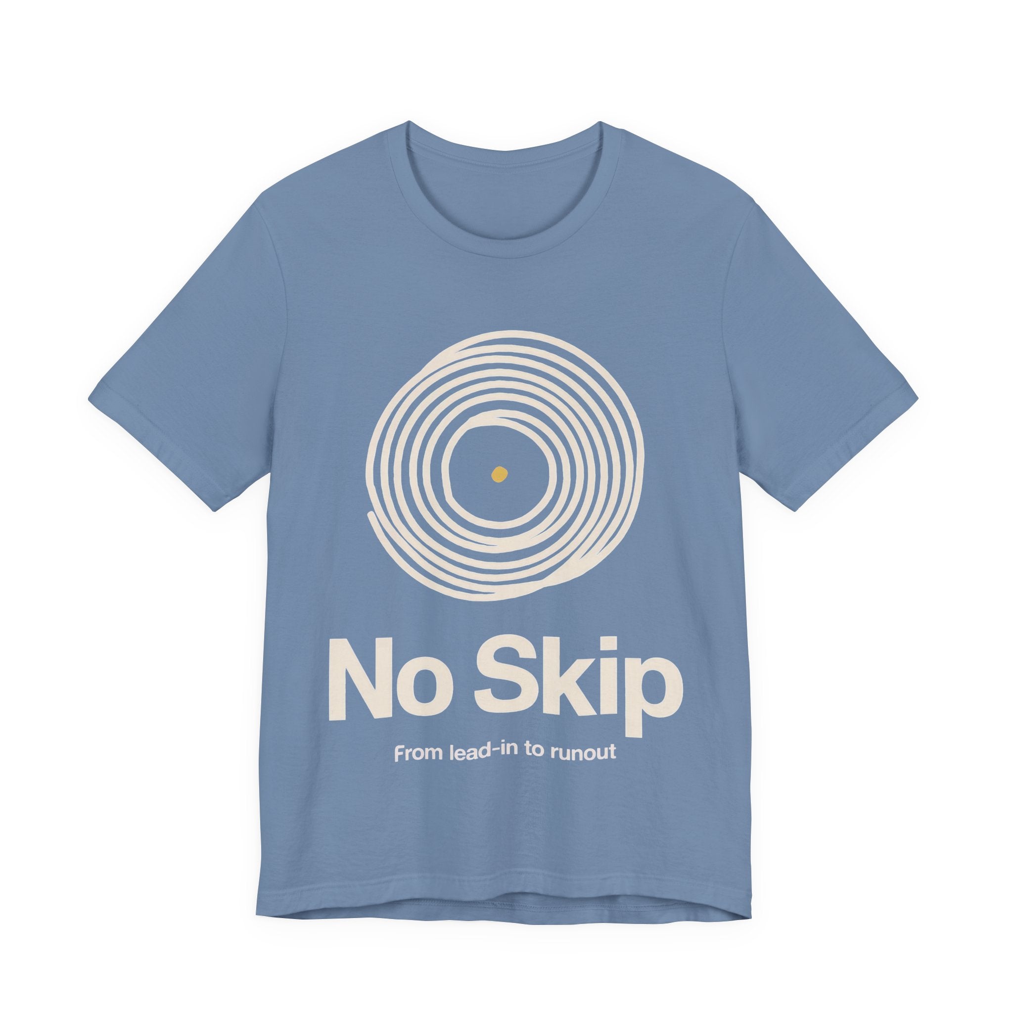 Blue t-shirt with 'No Skip' graphic design on a white background