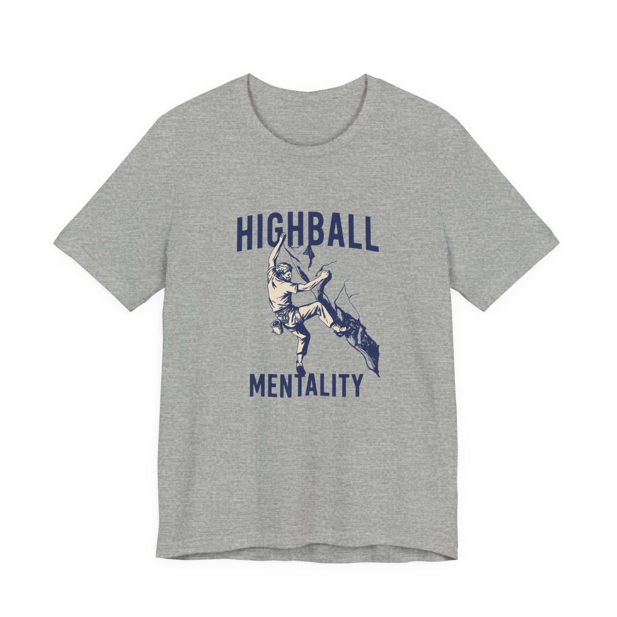Gray t-shirt with graphic design and text 'Highball Mentality' on a white background