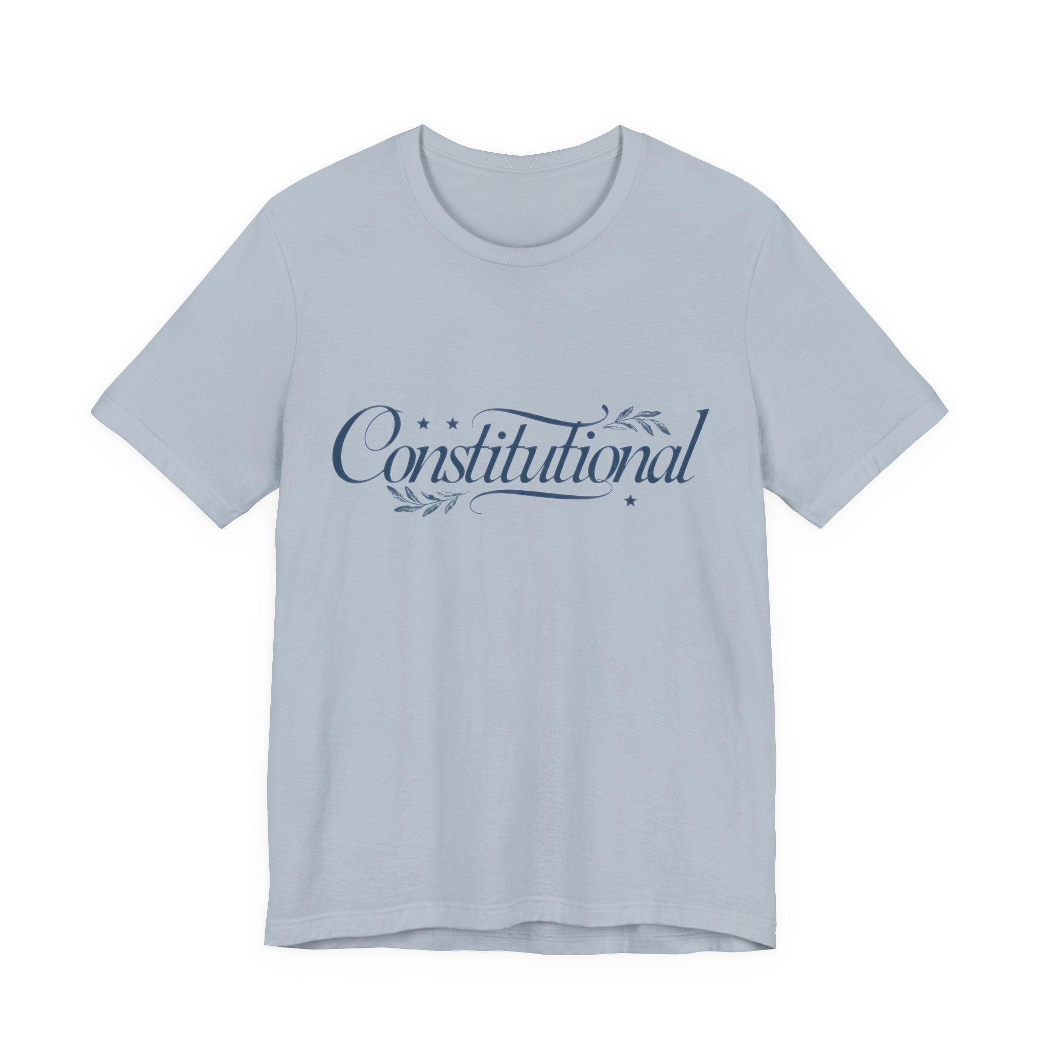 Light blue t-shirt with 'Constitutional' text on a white background