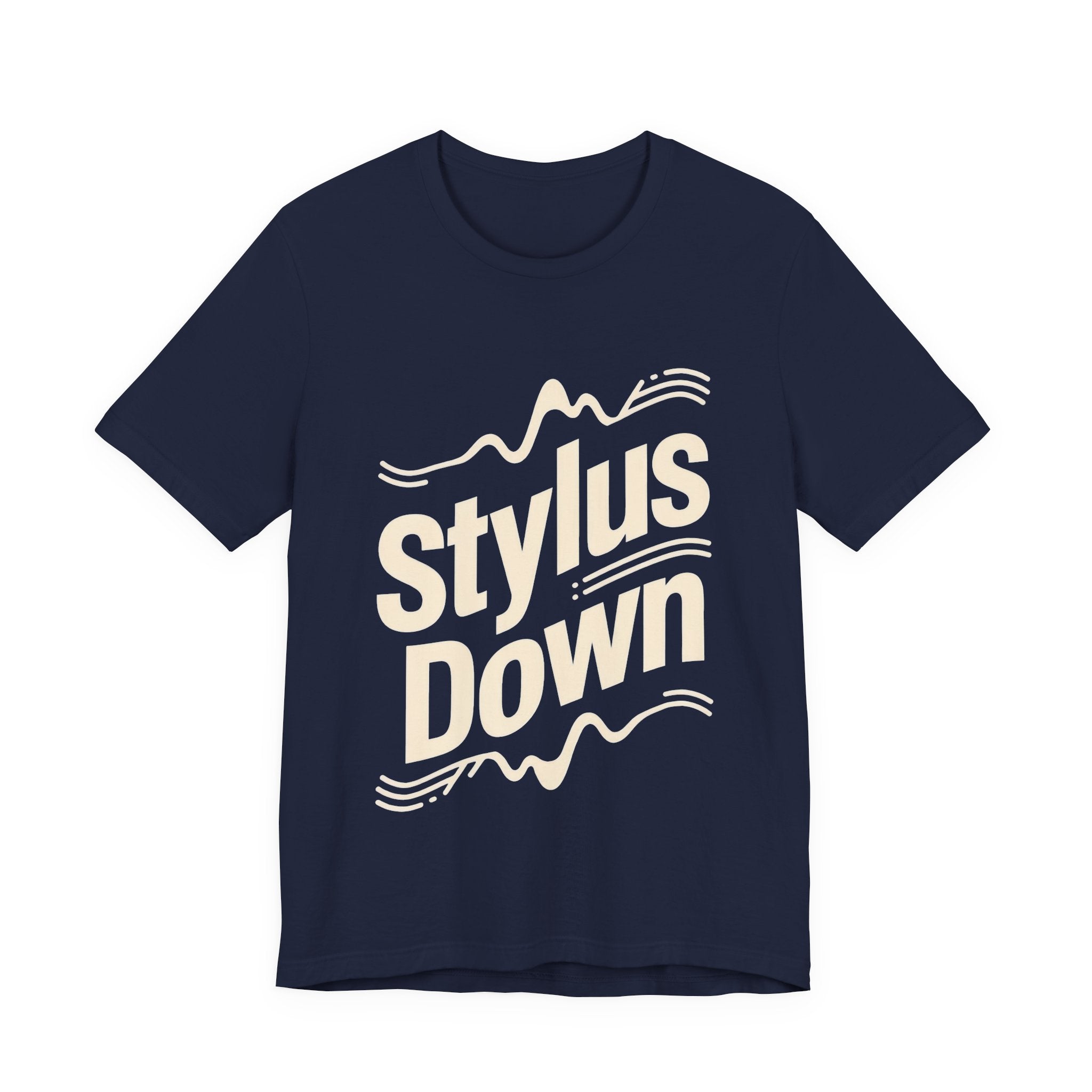 Navy t-shirt with text 'Stylus Down' and graphic design on a white background