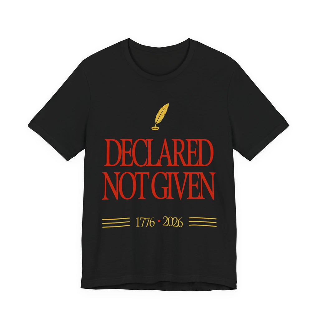 Black t-shirt with red and yellow text and design on a white background