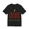 Black t-shirt with red and yellow text and design on a white background