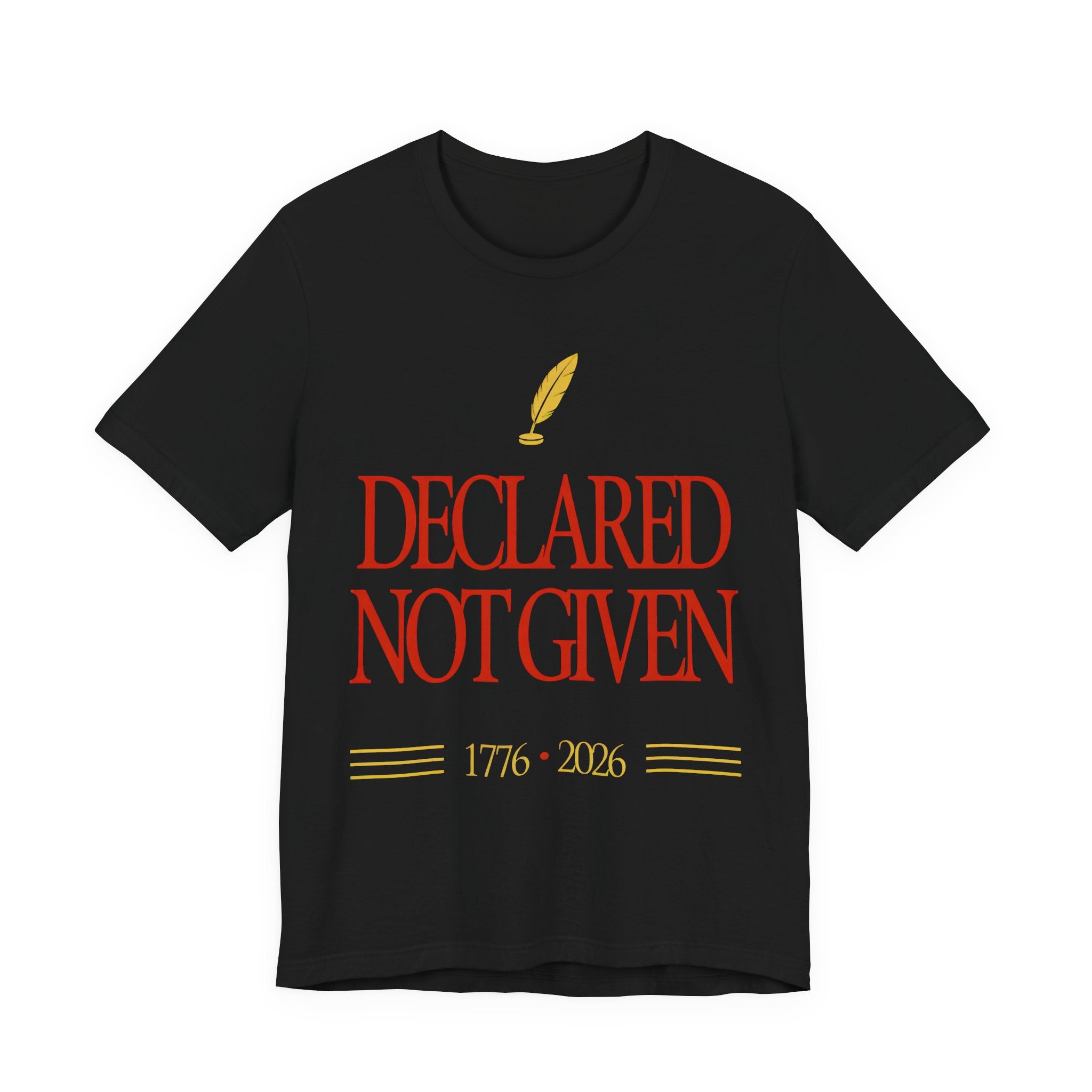 Black t-shirt with red and yellow text and design on a white background