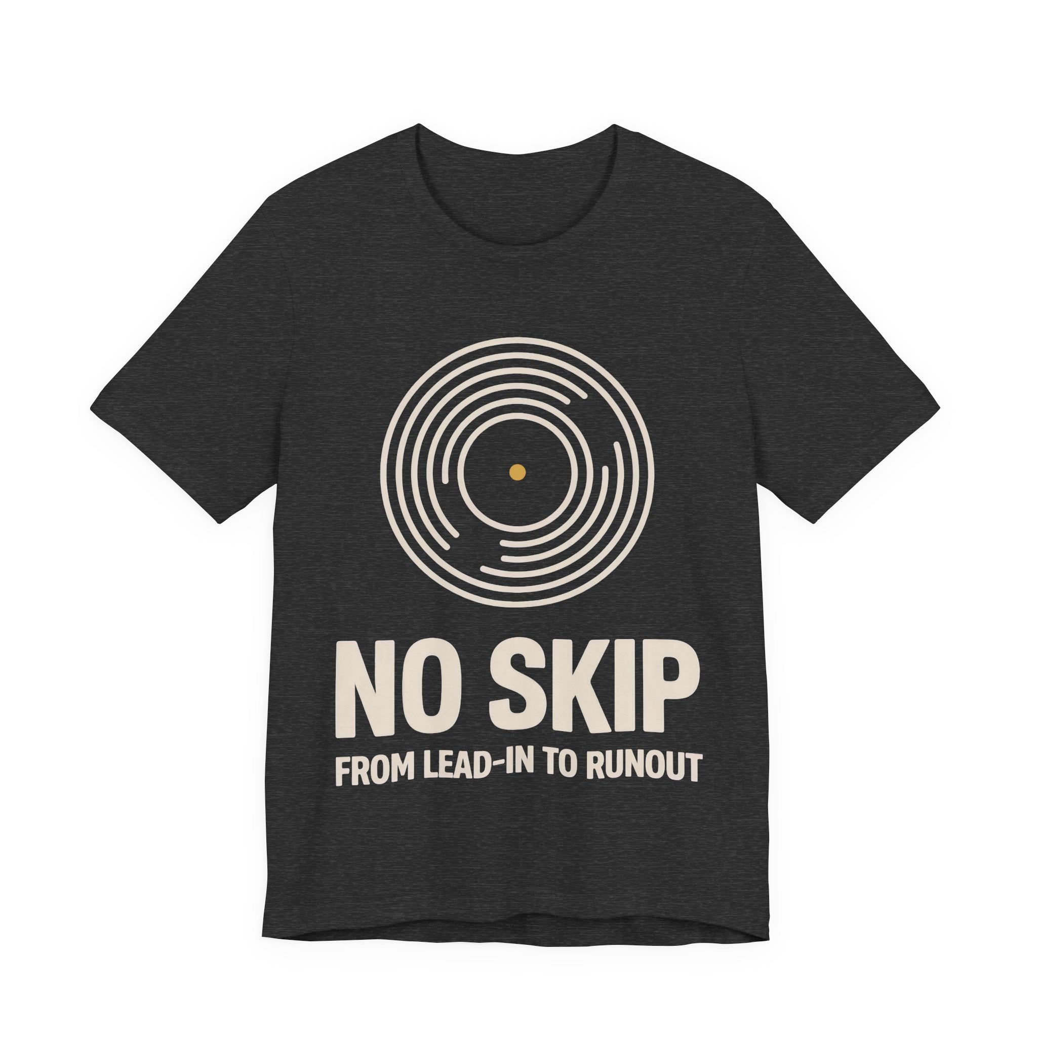 Dark gray t-shirt with white graphic and text 'NO SKIP' on a white background