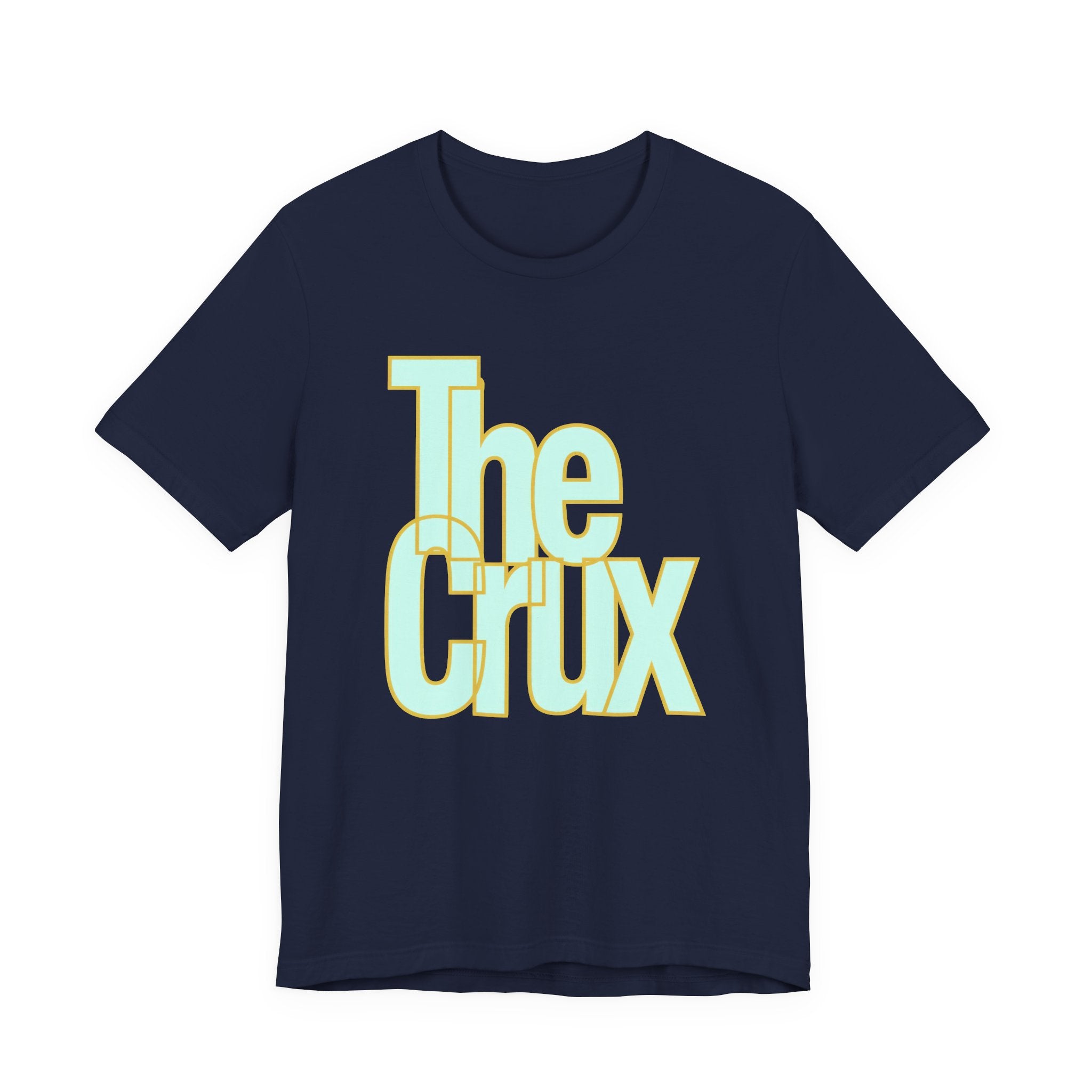 Navy t-shirt with 'The Crux' text in yellow on a white background