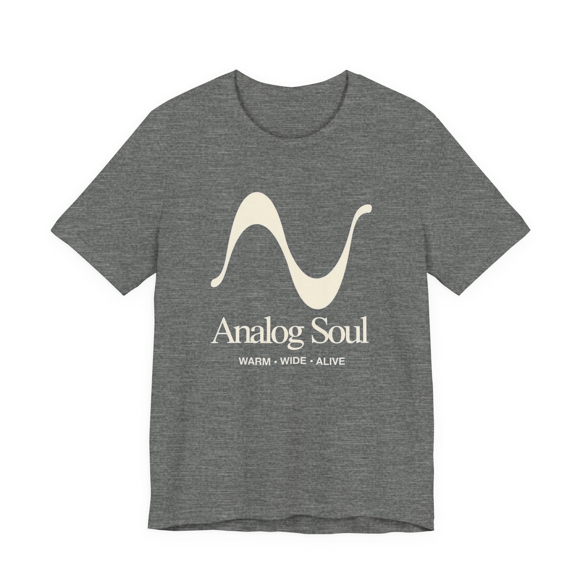 Gray t-shirt with 'Analog Soul' design on a white background