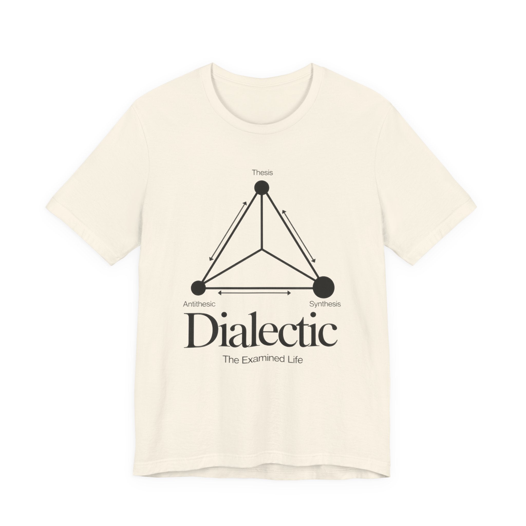 Beige t-shirt with black graphic and 'Dialectic' text on a white background