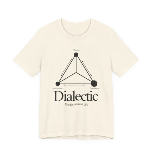 Beige t-shirt with black graphic and 'Dialectic' text on a white background